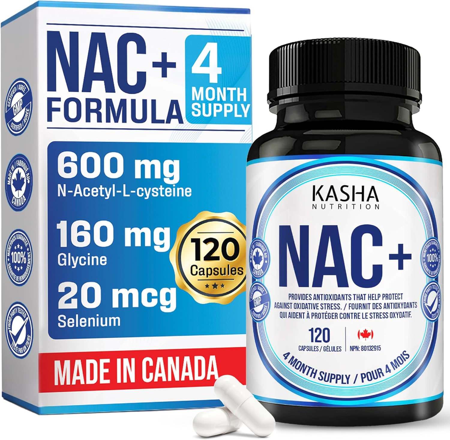 New All-in-1! NAC Supplement 600mg (N-Acetyl-L-Cysteine) with Glycine and Selenium - Canadian Made, Supports Normal Growth, Thyroid Health, Antioxidant Protection & Source of Amino Acid for Muscle Protein Synthesis, 120 Capsules, 4-Month Supply
