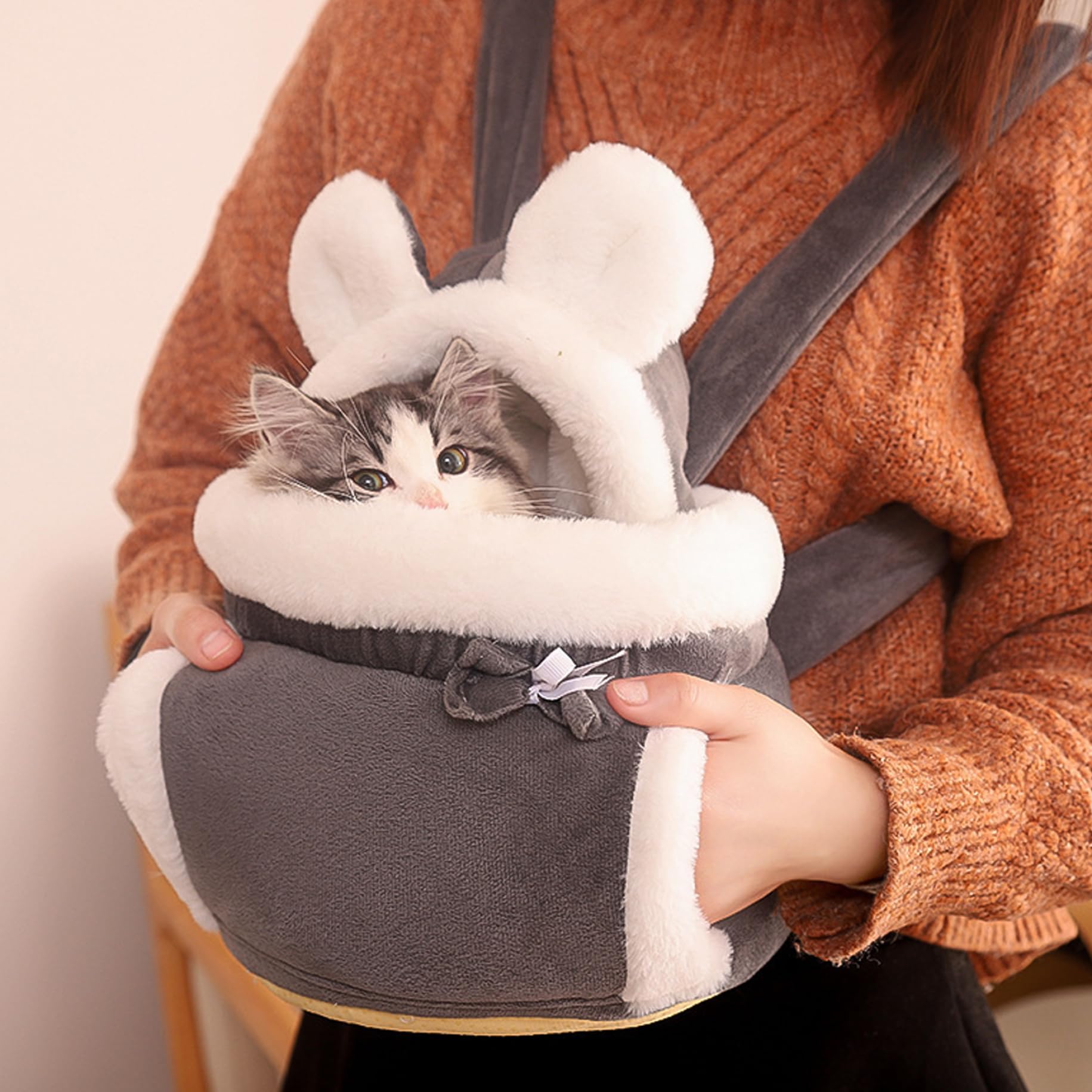 Katzenbeutel Träger weicher & Warmer Katzenhund -Frontträger Doppelpockt Cat Rucksack Träger bequemer Winter -Plüsch -Rucksack für Katzen Haustier Hängende Brustbeutel für Outdoor -Reise, L, Hundevor