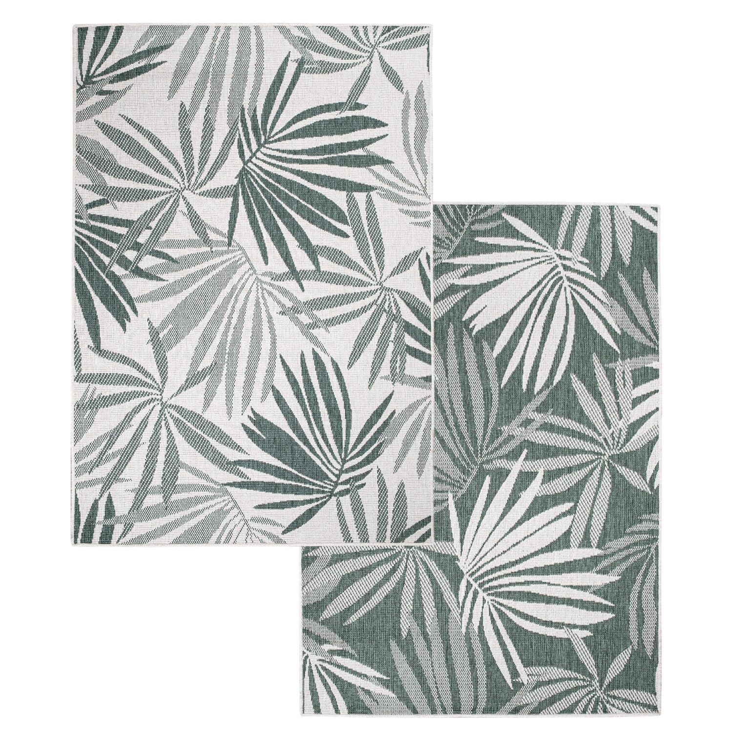 carpet city Outdoor Teppich Wetterfest 200x290 cm - Creme-Grün - Wendeteppich, Beidseitiges Florales Muster - Balkonteppich Wasserfest Outdoor - Terrassenteppich