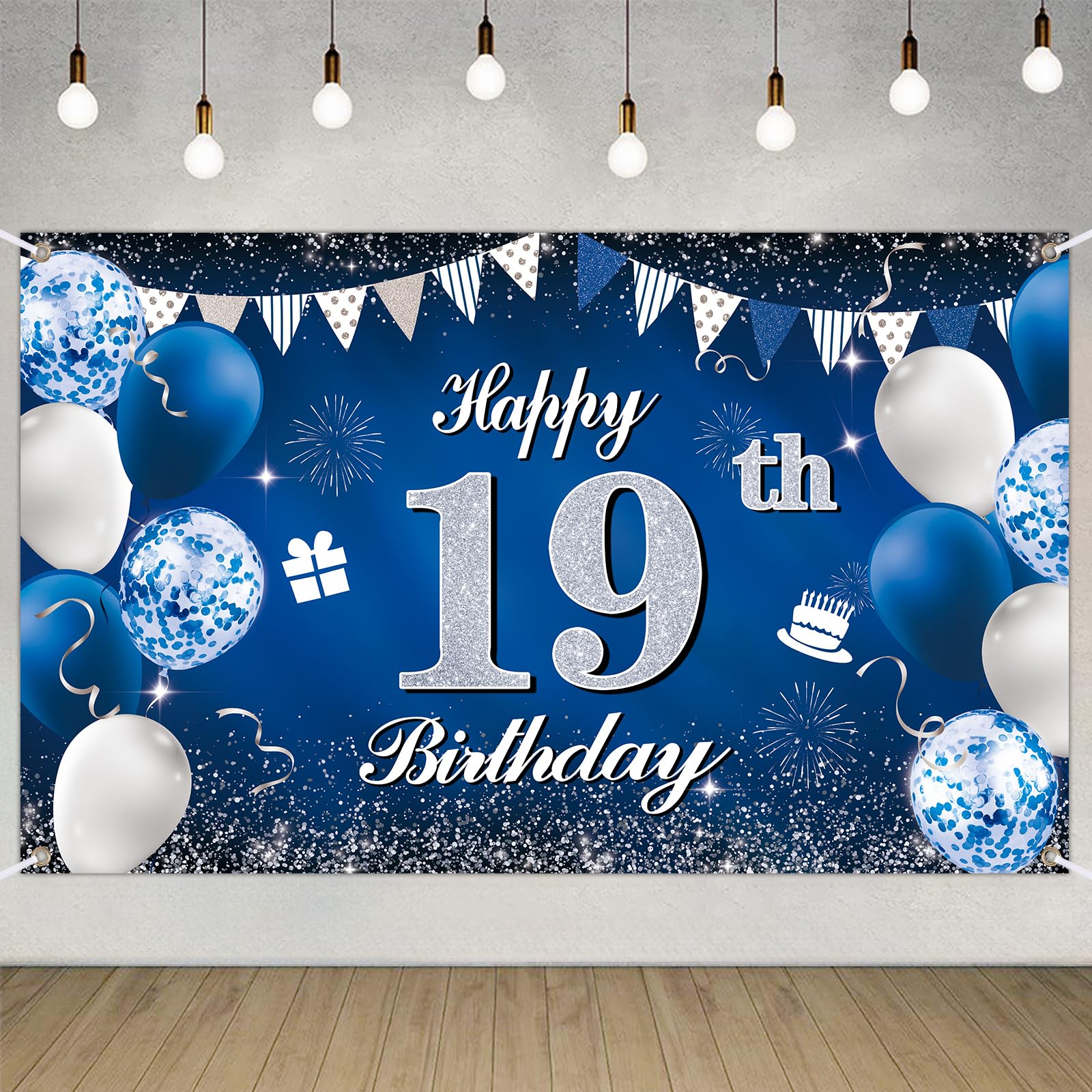 Happy 19th Birthday Decorations Blue Birthday Banner for Party Backdrop for Men Women Party Decoration Supplies