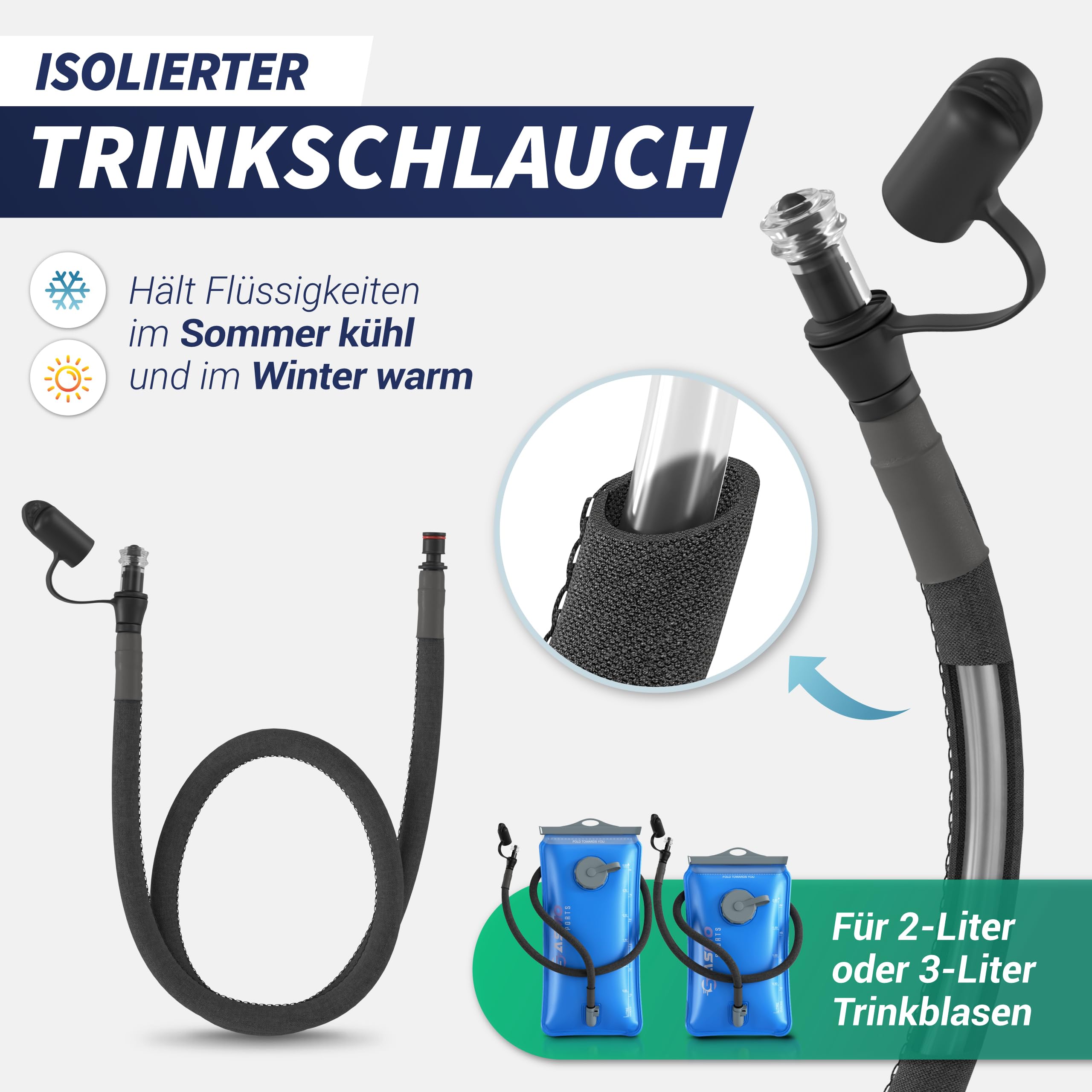 SASMO Bolla d'acqua da 2 l e bolla per bere da 3 l con 2 aperture, rinforzata con materiale resistente agli strappi, 2 l, borsa per zaino con tubo, ultraleggera, zaino per bolla d'acqua, escursionismo