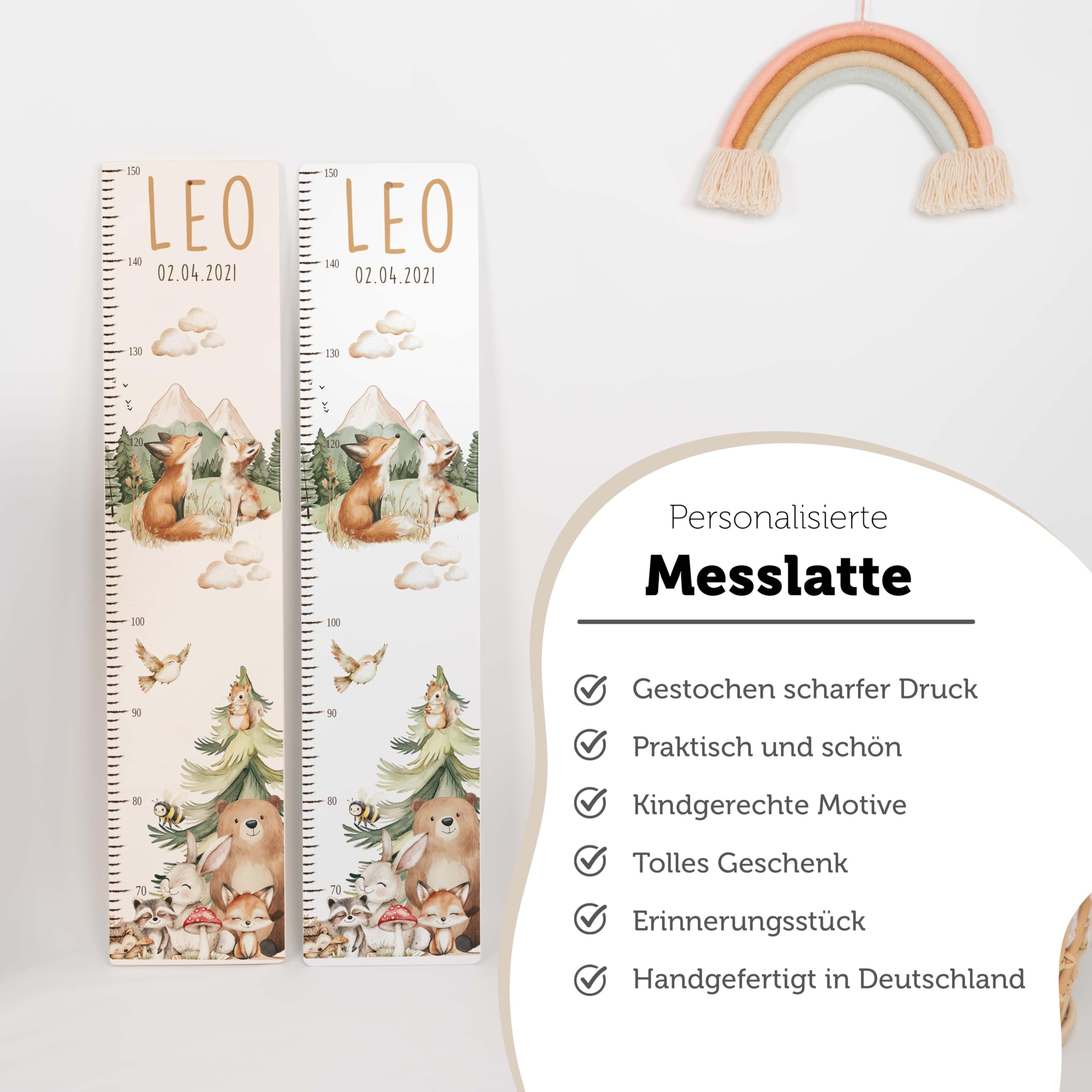 Kidsmood - Personalisierte Messlatte Kinder aus Holz – Hochwertige Messleiste & Wand-Deko für Baby- & Kinderzimmer mit abenteuerlichem Fuchs – Tolles Taufgeschenk für Mädchen & Jungen - Skala 65-140cm