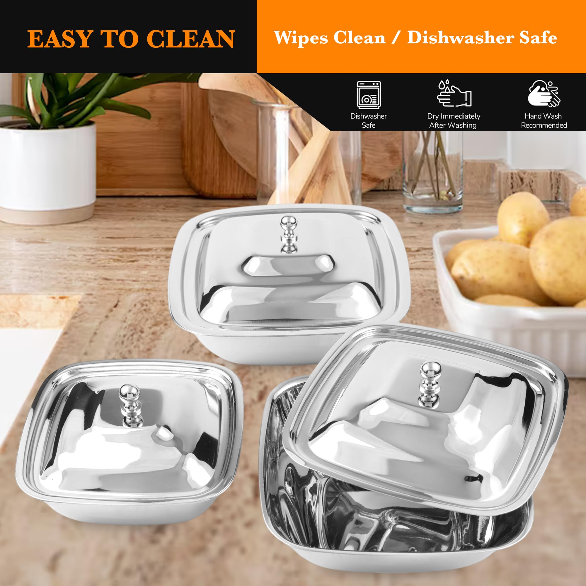 CRAFTONE Juego de 3 cuencos cuadrados de acero inoxidable con tapa, ideales para hornear y servir ensaladas, arroz, postre, juego de cuencos de almacenamiento de alimentos (20 onzas, 30 onzas y 35