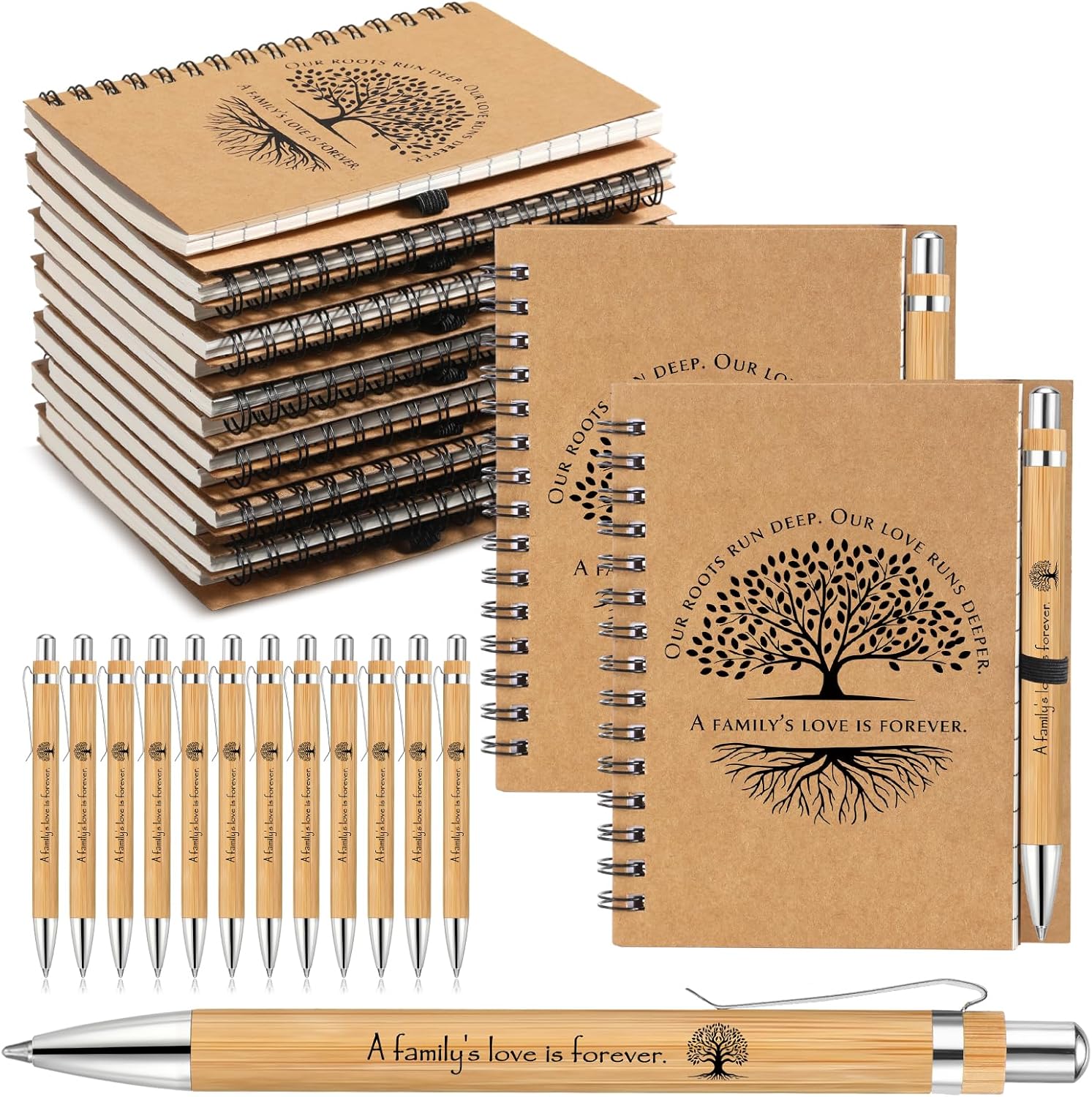 Janlaugh 60 Pcs 30 Sets Family Reunion Party Favors Gifts for Guests Family Reunion Notebook Bamboo Pens Bulk Our Roots Run Deep Spiral Notebook with Retractable Pens, Kraft