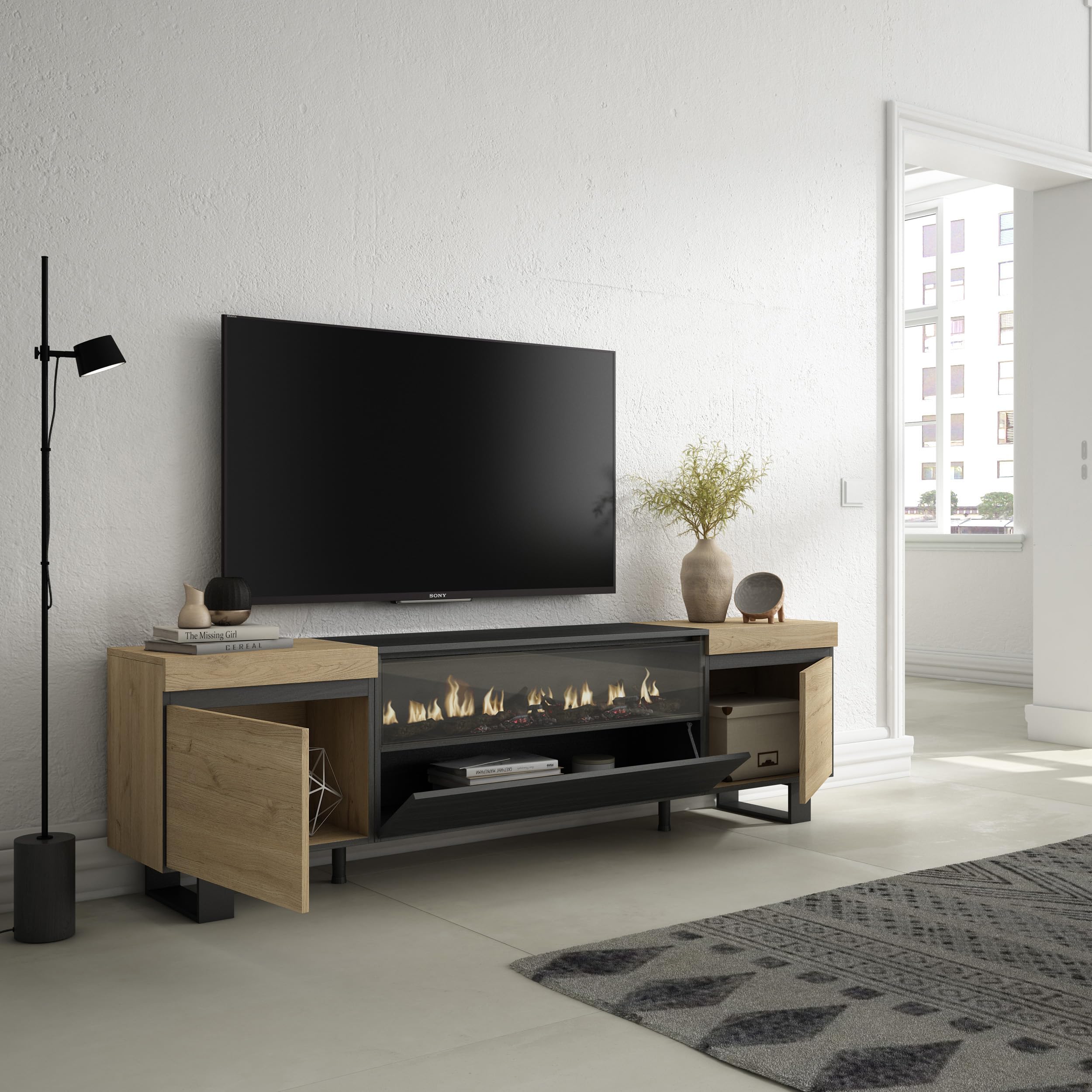 Skraut Home | Mueble TV | Televisión | Muebles de salón, almacenaje | 200x57x35cm | para TV hasta 80" | Chimenea eléctrica | Diseño Industrial | Estilo Moderno | Roble y Negro