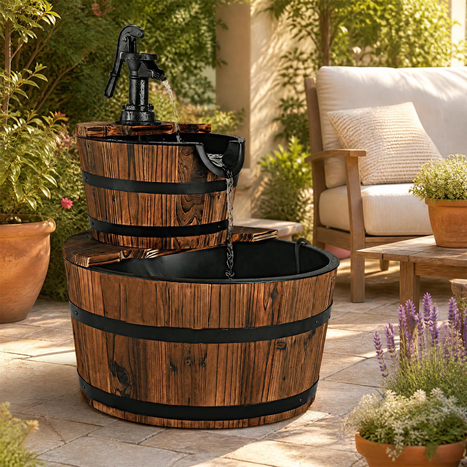SOARS Fontaine de jardin à 2 niveaux, avec pompe à eau et débit d'eau réglable, design en bois, décoration de jardin pour extérieur, balcon, terrasse