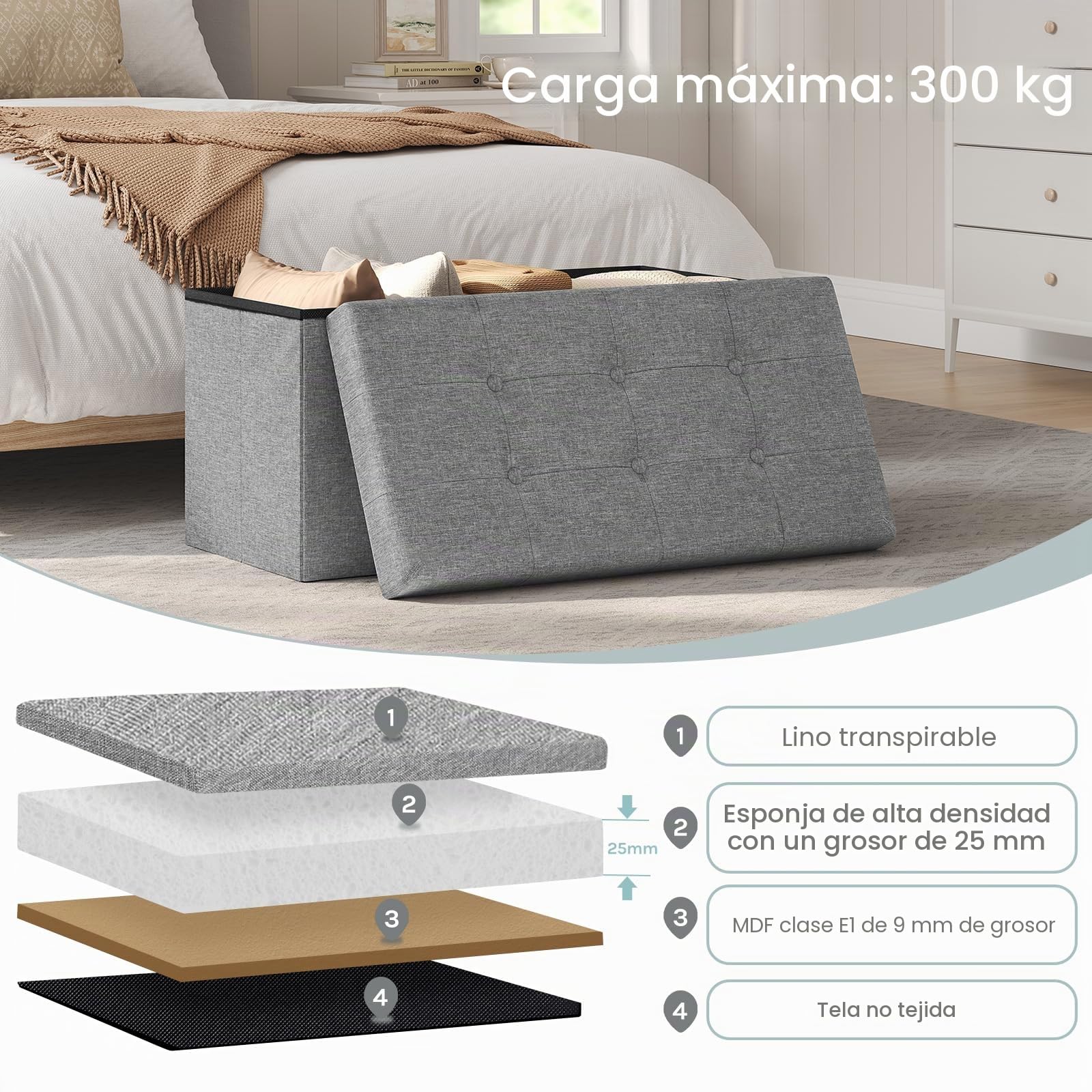 WOLTU Puff Baúl Plegable Rectángulo Taburete para Almacenamiento Otomanos de Lino Caja de Almacenaje con Tapa Reposapiés Sofá 76x37,5x38 cm Gris Claro