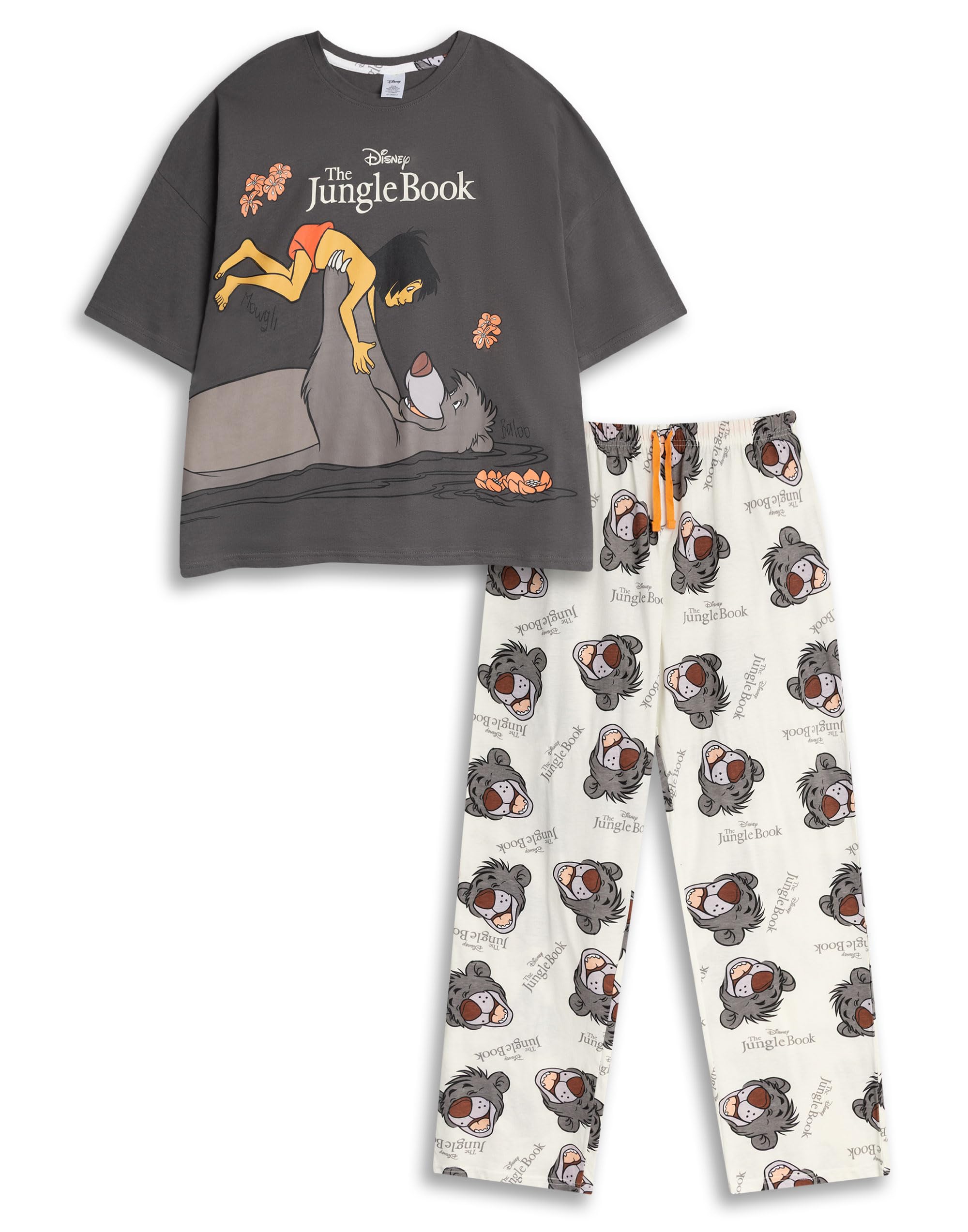 Disney Women's Multicoloured The Jungle Book Black Off-White Short Sleeve Long Leg Pyjama Set | Cartoon Sleepwear With Baloo & Mowgli Design | Relaxation Nightwear Merch - Medium