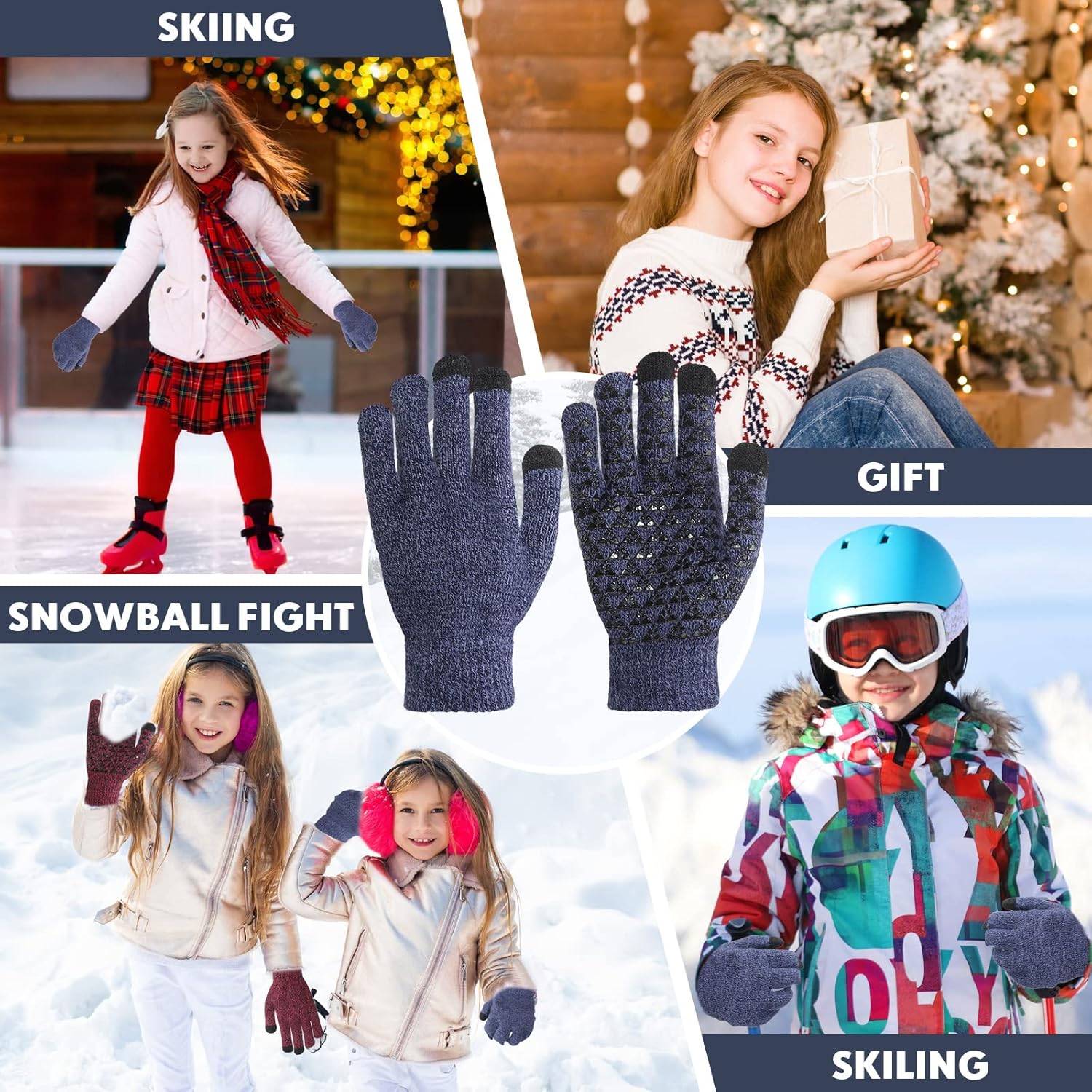 Zhehao 6 Pairs Kids Warm Knitted Winter Gloves Bulk Stretch Touchscreen Brushed and Thickened Elastic Cuff Texting Gloves for Boys Girls - Image 7