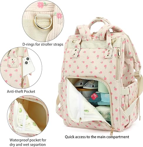 Miniatura 4 de Mochila de pana para pañales para mujer, bolsa de bebé de gran capacidad para mamá y niñas con correas para cochecito (flores rosas)
