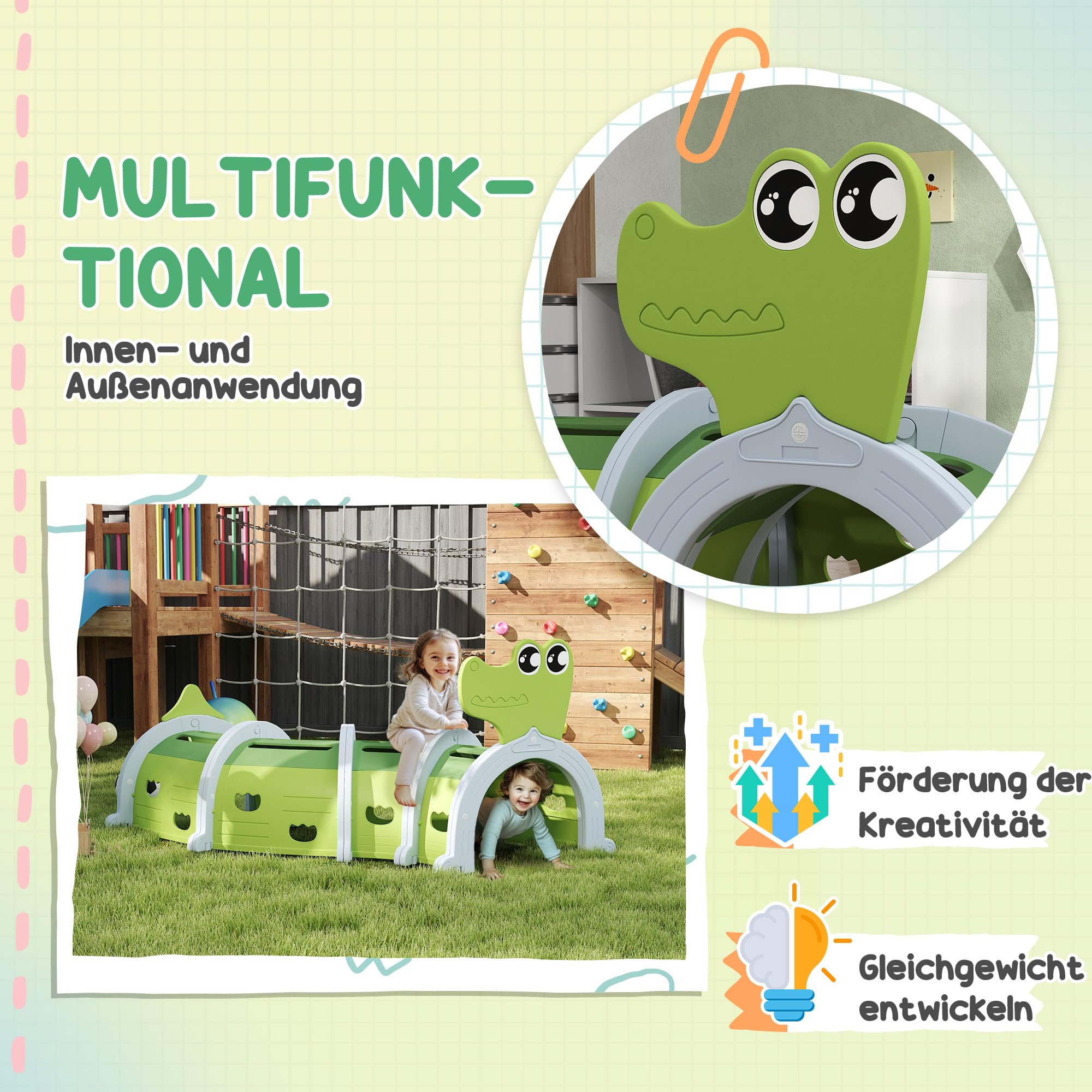 AIYAPLAY Spieltunnel 194 cm Kinder Tunnel aus HDPE Krabbeltunnel in Cartoon-Krokodil Kriechtunnel für Kinder 3-6 Jahre, Grün