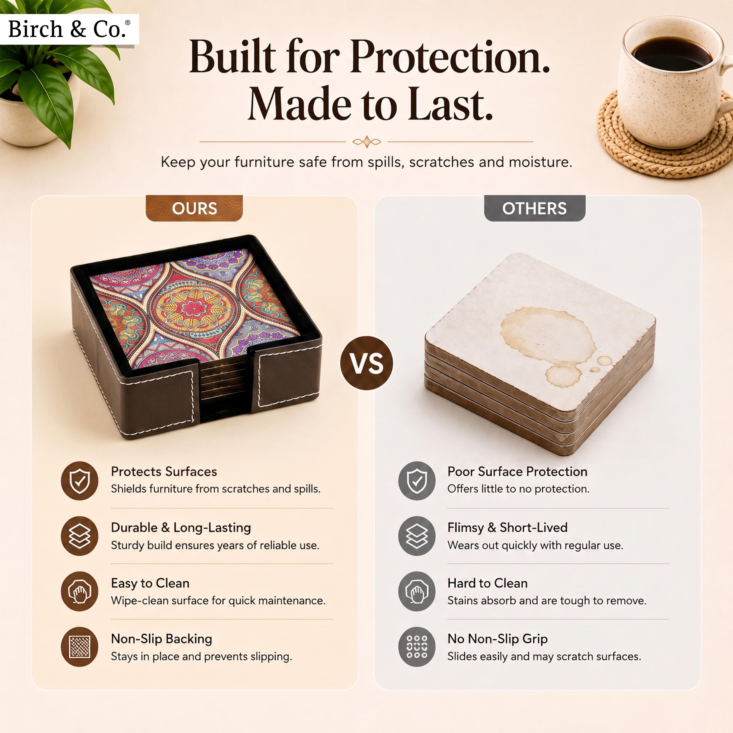 Birch & Co. Leather Coasters - Tea Coaster - Dining Table Decor Accessories - Coster Set For Dining Table For Hot Pots - Coasters For Cups Set Of 6 -Durable And Long-Lasting, Premium Finish, Mandala — Amazon image 4