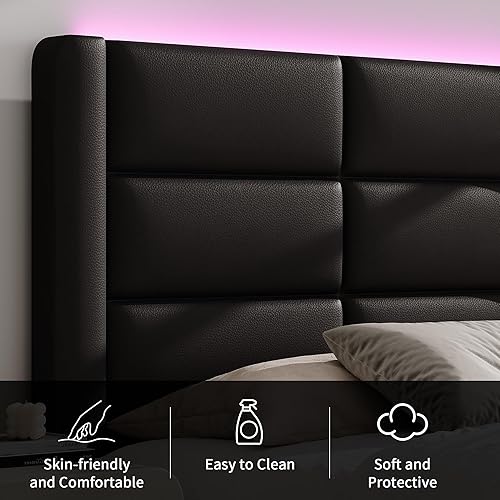 Miniatura 4 de Base de cama de tamaño matrimonial con cabecero tapizado y luces LED, moderno marco de cama de piel sintética con soporte de listones de madera y