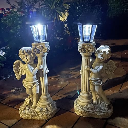 Miniatura 7 de Estatua de ángel con luces solares (izquierda) de 19.7 pulgadas, estatua solar de jardín de ángel para exteriores con pilar de Roma para decoración