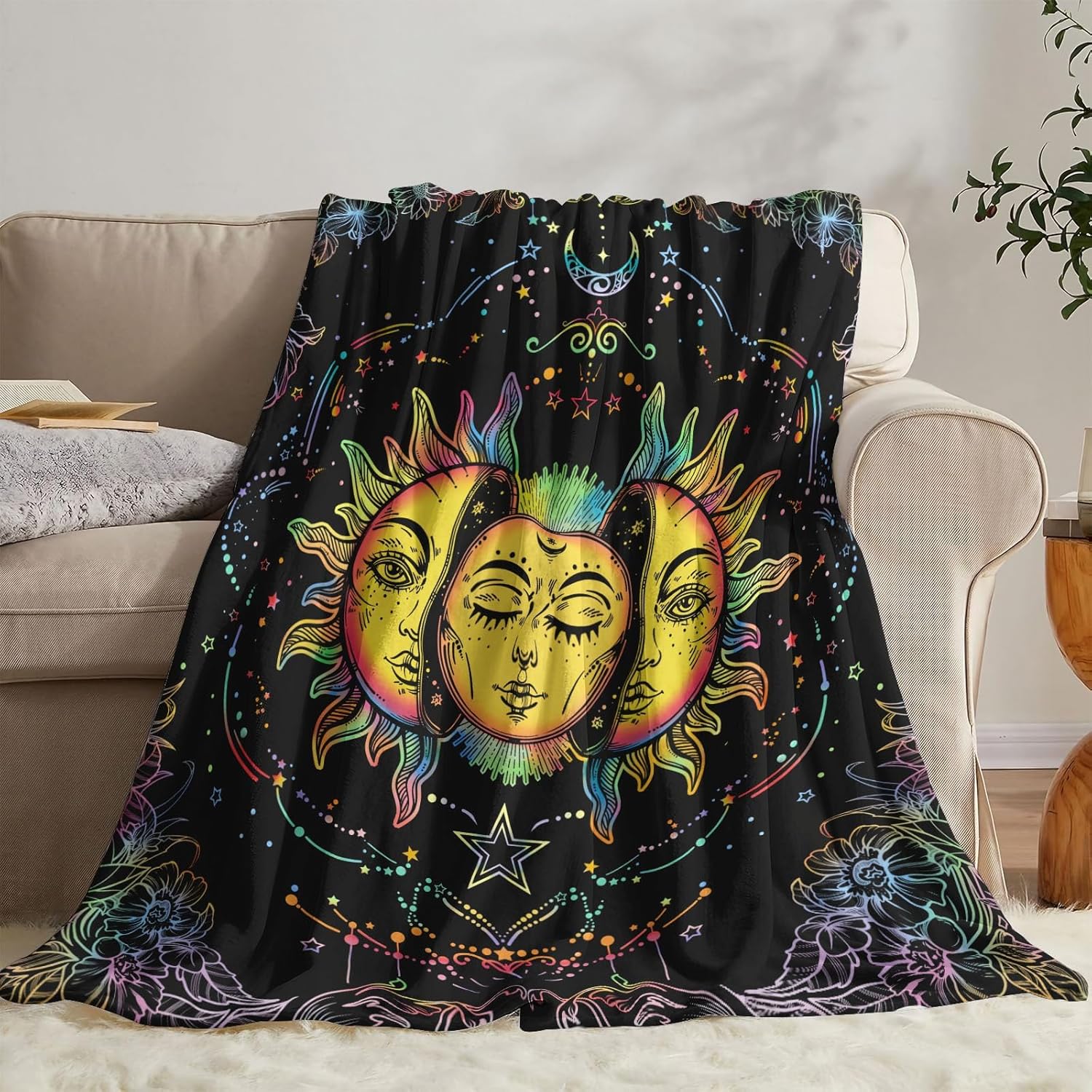 Lifeel Sun and Moon Fleece Throw Blanket, Mystic Colorful Nap Blankets Gift for for Men Guys Teen Boys Sofa Bed Couch Chair or Dorm Throws 60×80 inches