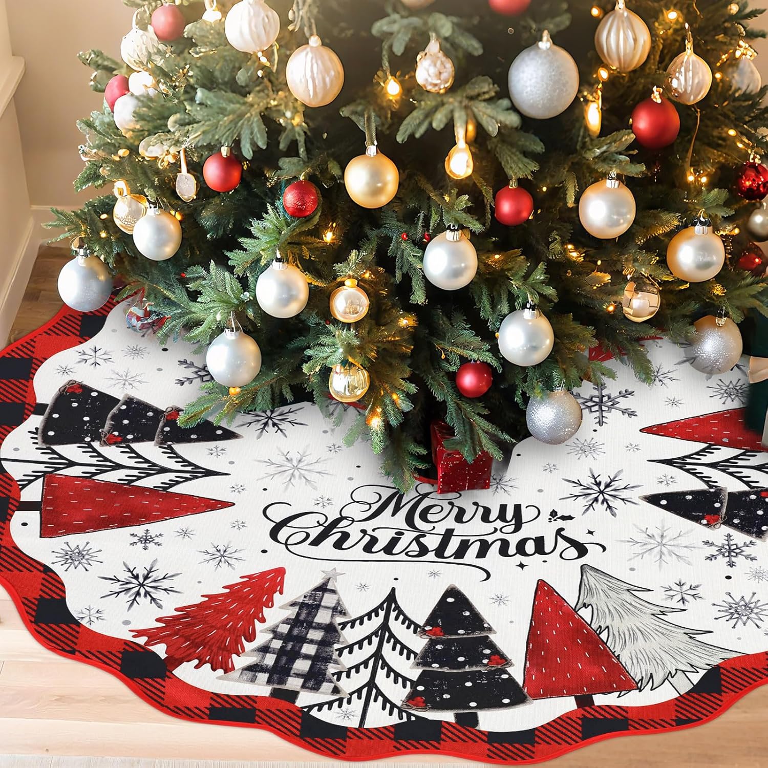 Christmas Tree Skirt 48 Inch Burlap Red Black Buffalo Plaid Xmas Tree Skirt for 6ft to 7.5ft Double Sided Design for Winter Holiday Indoor Outdoor Decorations(Merry Christmas)