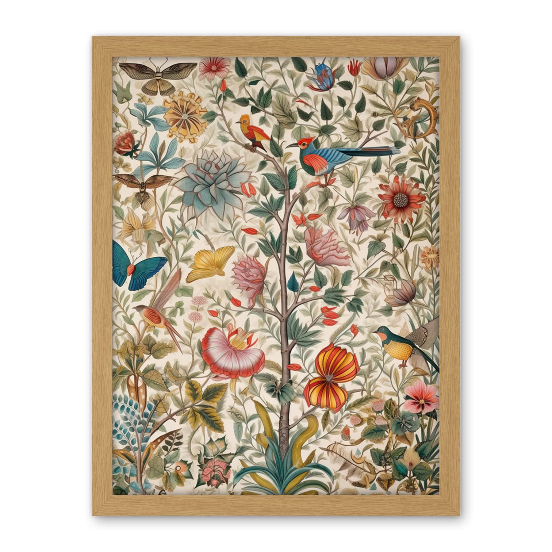 Artery8 Butterflies And Flower Plants Pattern Folk Art Watercolour Painting Artwork Framed Wall Art Print 18X24 Inch