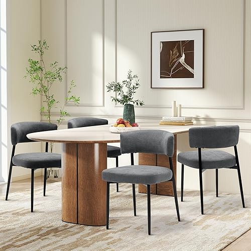 Sweetcrispy Juego de 4 sillas de comedor, sillas de cocina redondas de tela Boucle modernas de mediados de siglo con respaldo curvado y patas de