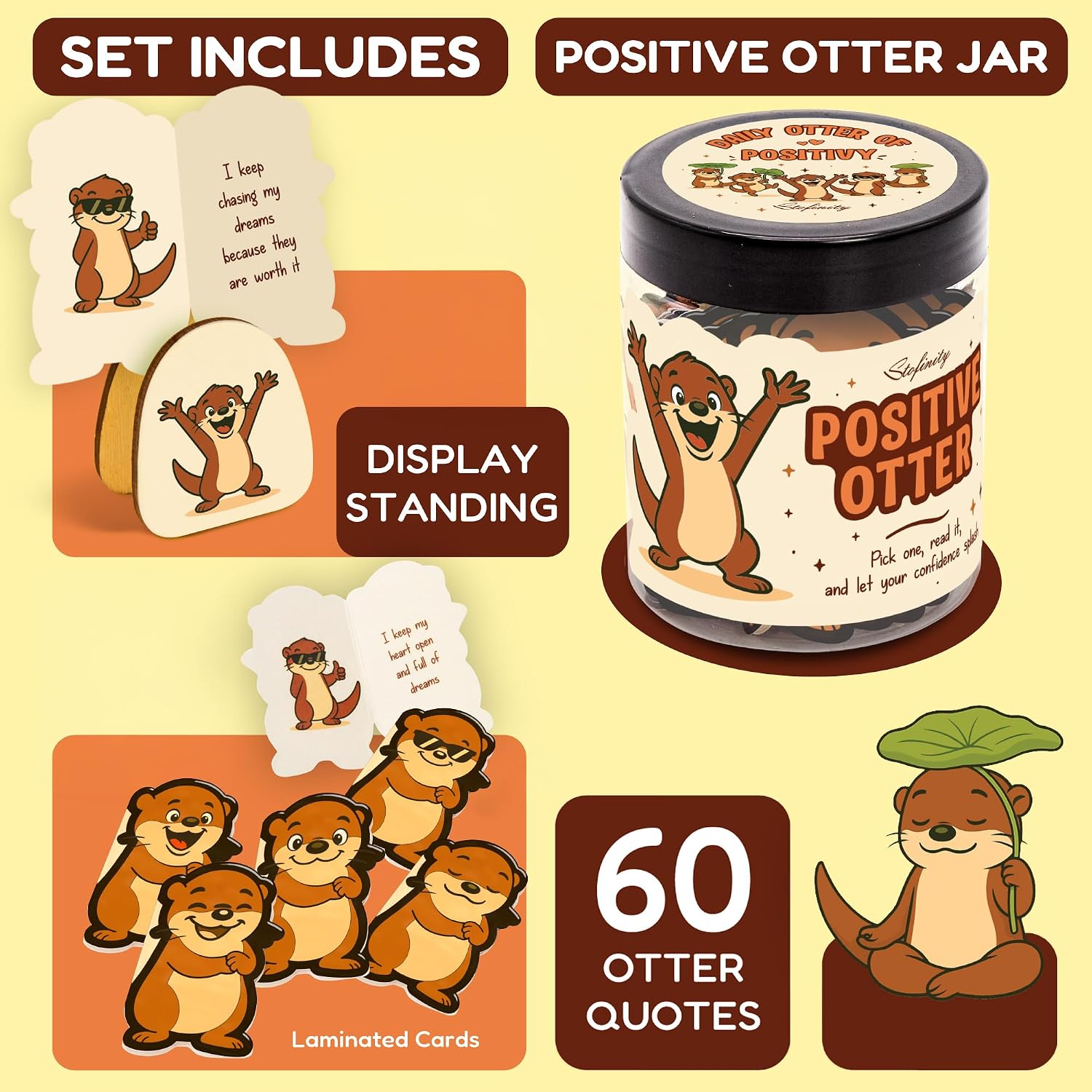 STOFINITY Positive Otter Jar, 60 Affirmation Cards and Wood Stand image 2