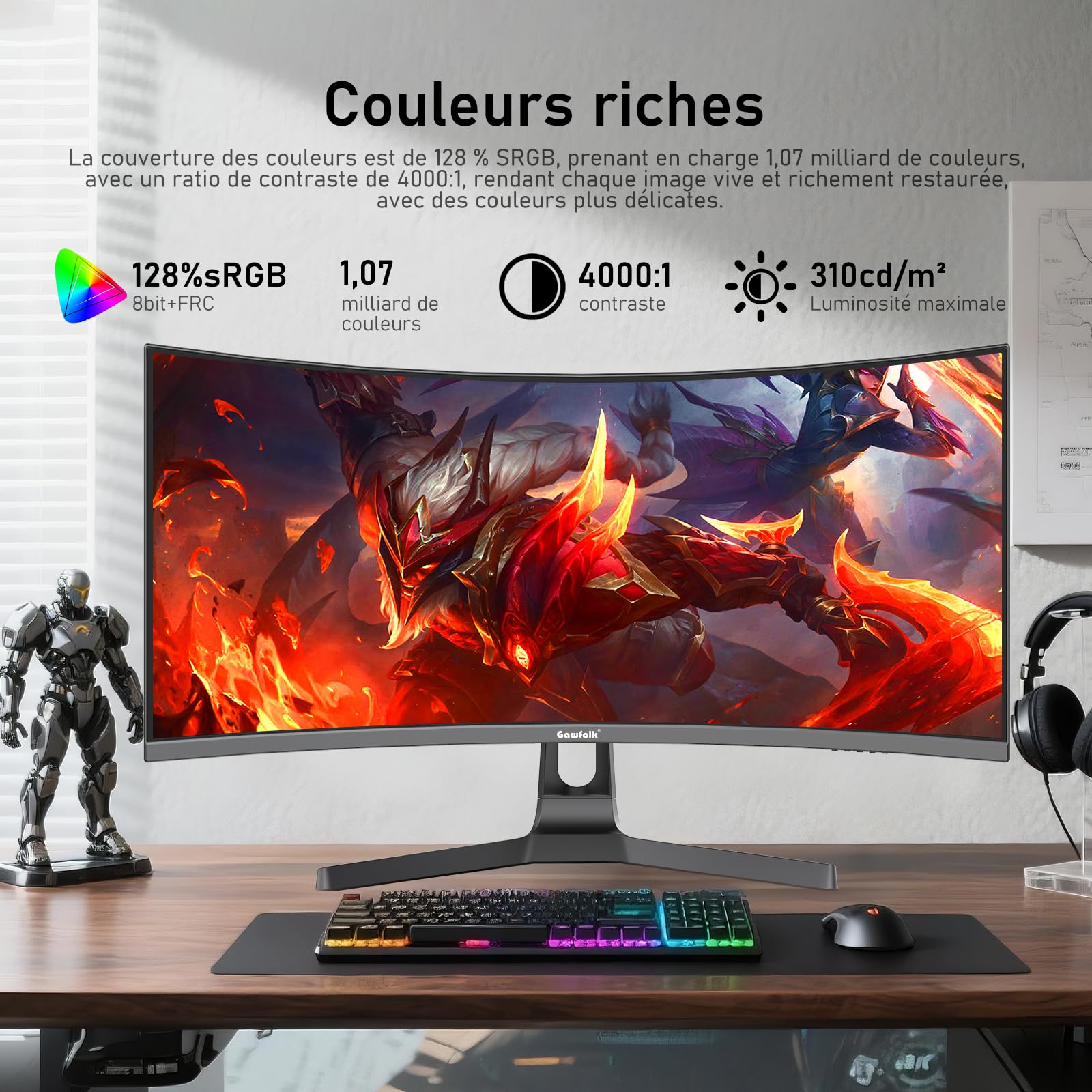 Gawfolk Écran PC Ultra Large 34 Pouces 1500R incurvé 180Hz Gaming Computer Moniteur,21:9 UWQHD(3440x1440)，128% sRGB，FreeSync，HDR，178 ° Angle Vue，DisplayPort、HDMI，VESA 75 * 75MM-Noir