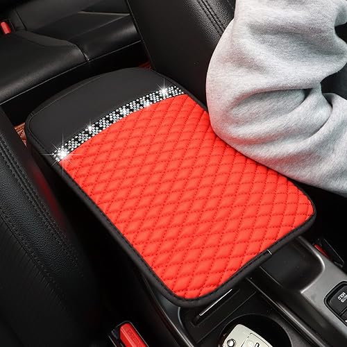 Miniatura 7 de Funda de cuero brillante para reposabrazos de automóvil, protector de consola central de automóvil con diamantes de imitación de cristal coloridos,
