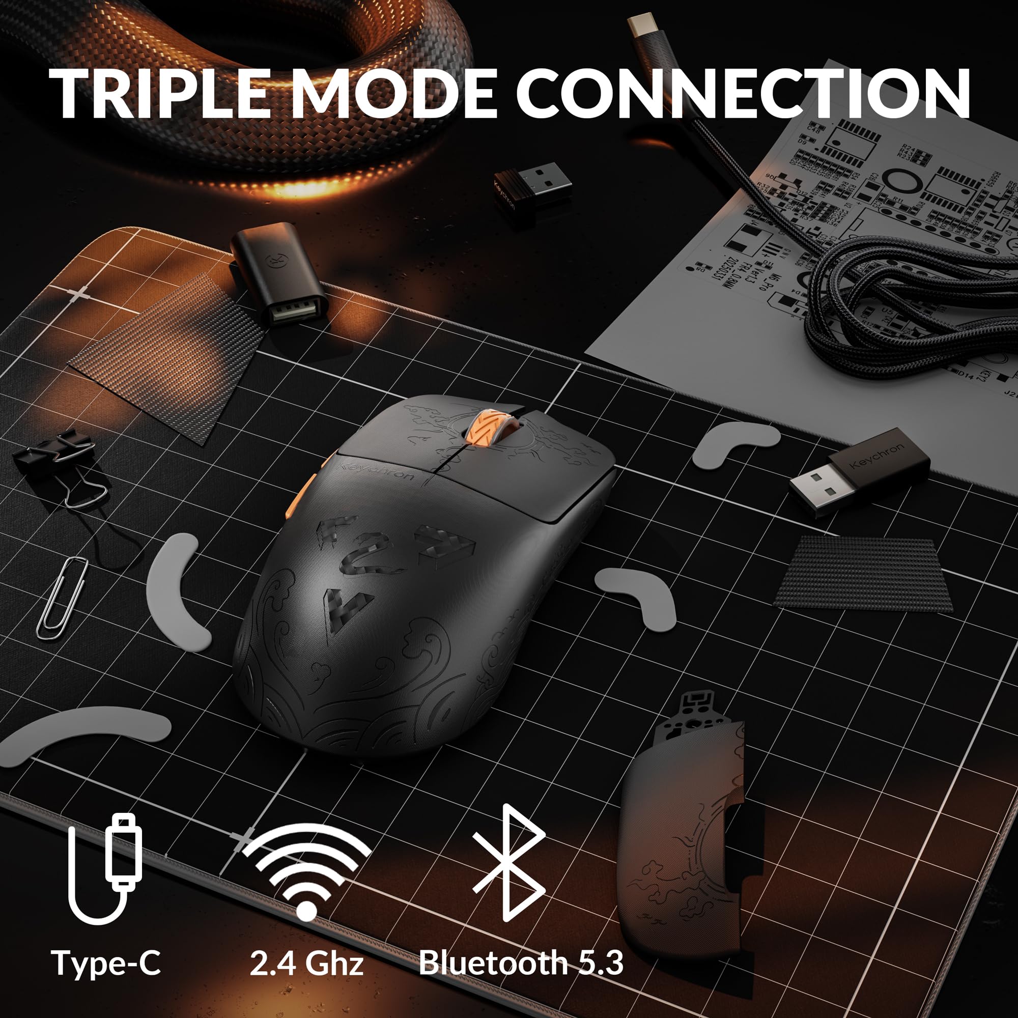 Keychron G3 8K Carbonfaser-Gaming-Maus, kabellos 8000 Hz, 30000 DPI, PAW 3950 Sensor, Ultraleicht 44g, 2,4 GHz/Bluetooth 5.3, 160 Stunden Akkulaufzeit, 5 programmierbare Tasten, für E-Sport und FPS