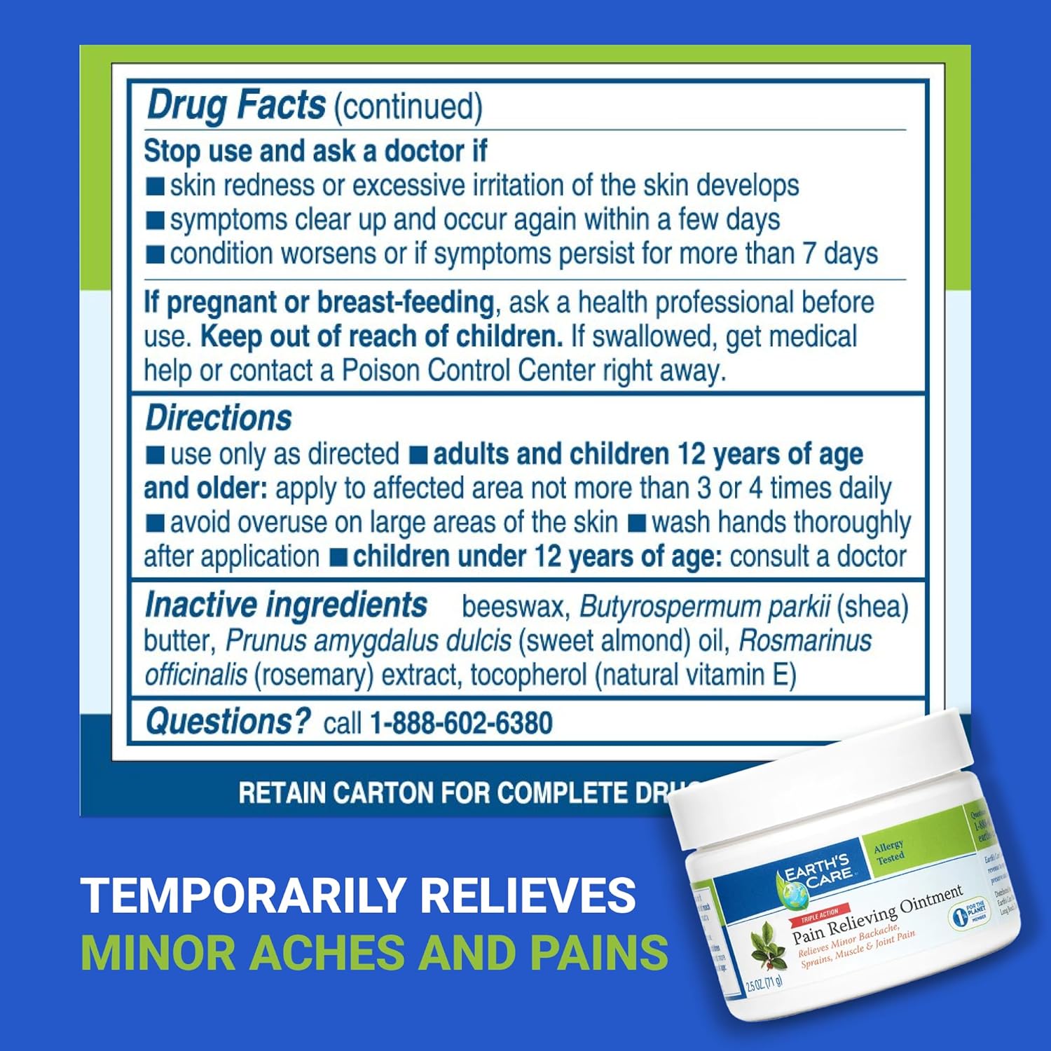 Earth's Care Triple Action Pain Relieving Ointment, No Parabens, Colors or Fragrances, Allergy-Tested 2.5 OZ (2 Jars).