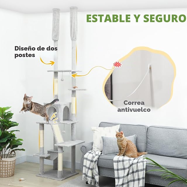 Foto 3 de 8 de PawHut Árbol Gatos 225-255cm Suelo-Techo XXL 6 Niveles Gris Claro
