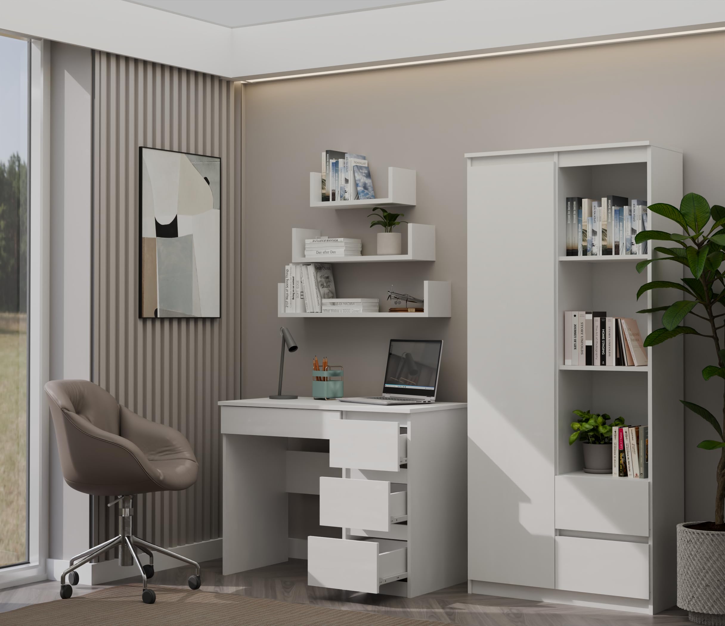 CDF Escritorio 4 Cajones Mesa de Ordenador Oficina Casa Despacho Decoración Diseño Versátil Estudio para Computadora Laptop Portátil Gaming Documentos para Trabajo Juvenil Adulto – Blanco Mate