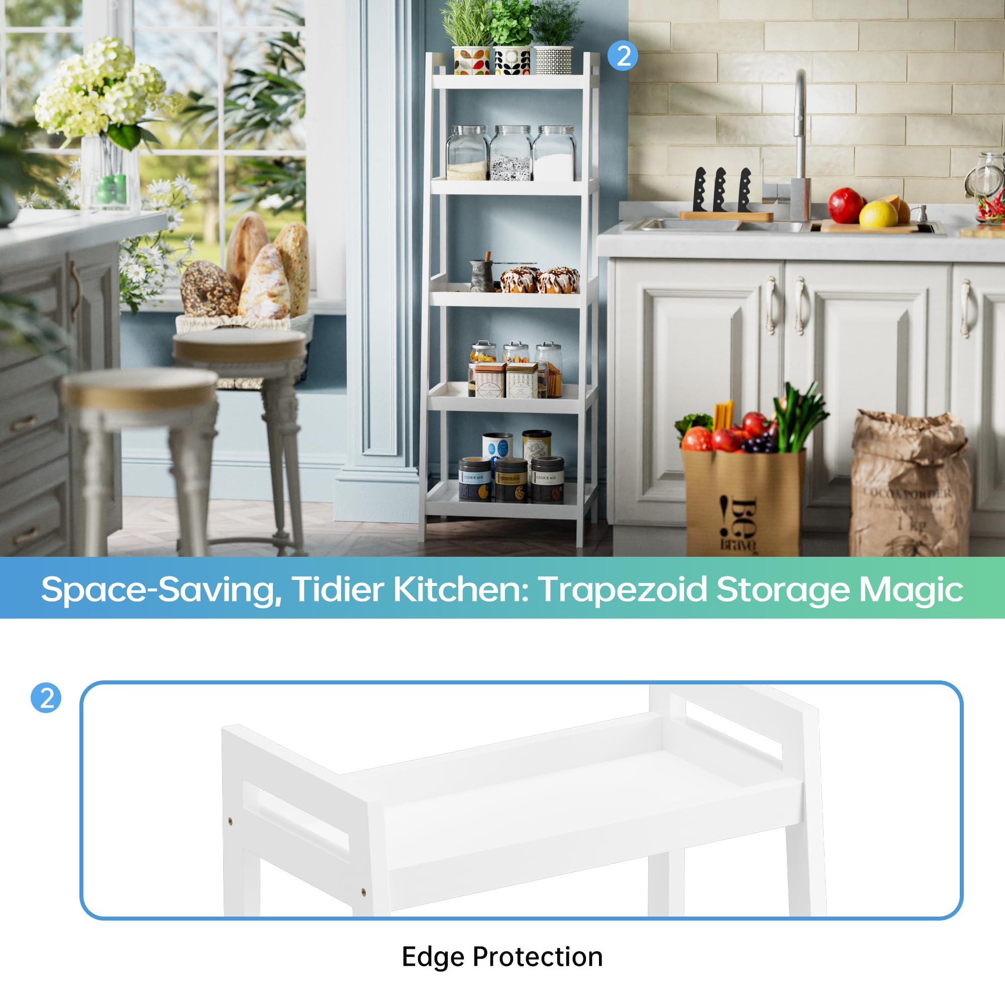 SMIBUY Estantería Escalera de Bambú,Organizador de estantes de baño, estantes Que ahorran Espacio para Dormitorio de 4 y 5 Capas (Blanco, 5 Niveles (127cm H))