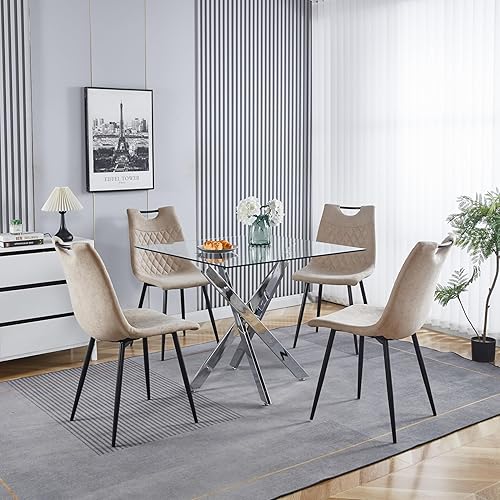 Miniatura 56 de Mesa de comedor de cristal de 51 pulgadas para 4, mesa de comedor rectangular contemporánea con parte superior de vidrio templado y patas de acero