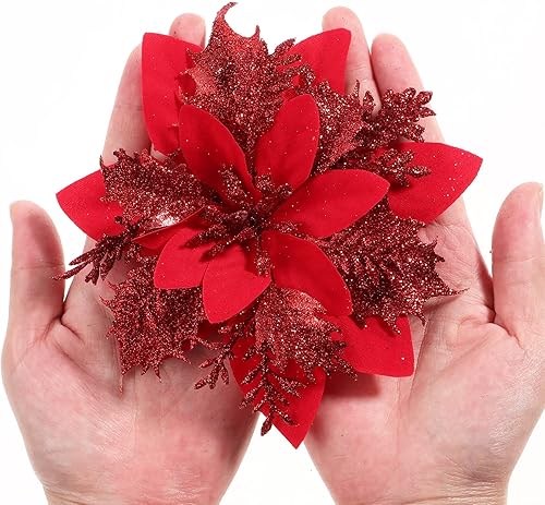 Miniatura 3 de Toyvian Flores de pascua artificiales con purpurina navideña, 12 adornos de flores para árbol de Navidad, decoración de fiesta de Navidad con 12