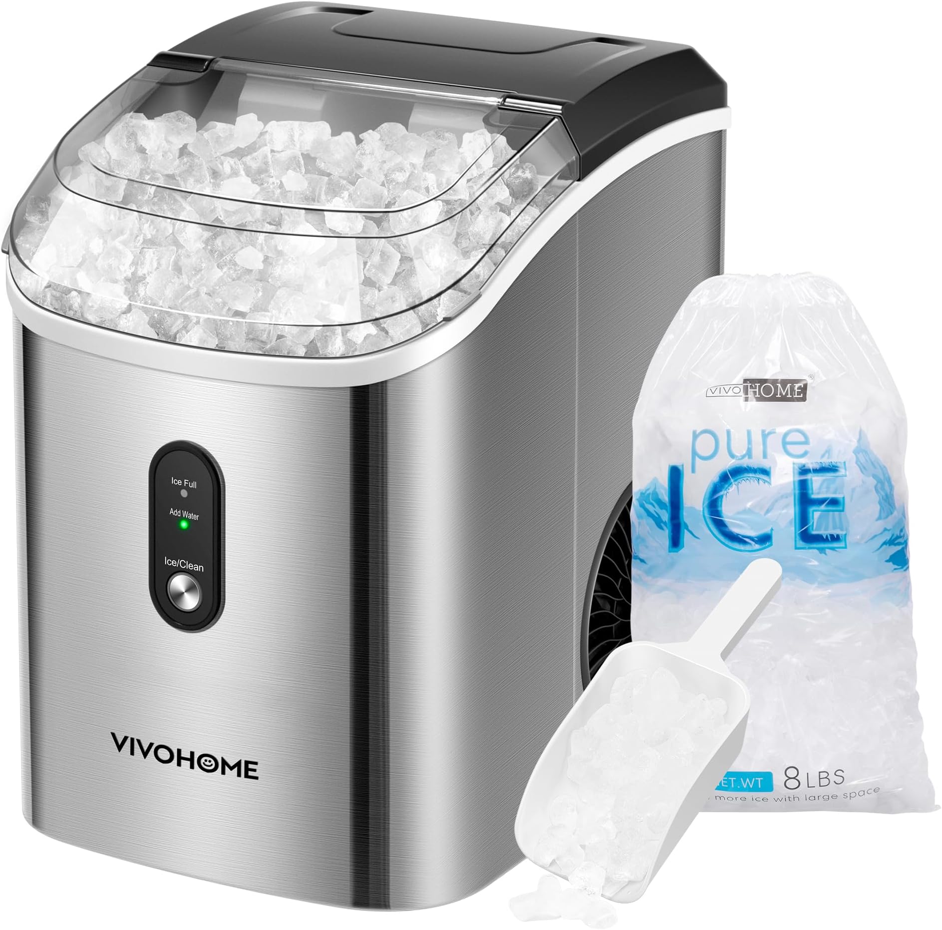VIVOHOME Electric Portable Compact Countertop Automatic Chewable Nugget Ice Cube Maker Machine with Hand Scoop 10 Ice Bags and Self Cleaning Function 33lbs/Day Silver
