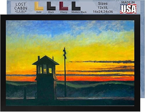 Lost Cabin Railroad Sunset por Edward Hopper  Marco plano negro de lienzo  Reproducción de pintura de obras de arte finas  Póster decorativo