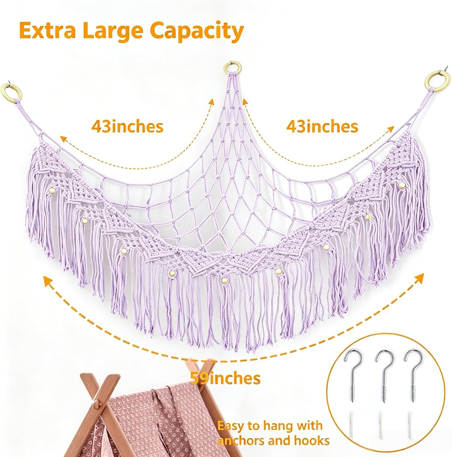 Stuffed Animal Hammock, Net for Stuffed Animals Corner Large, Toy Storage Hammock Plushie Net for Boho Kids Room Nursery Playroom