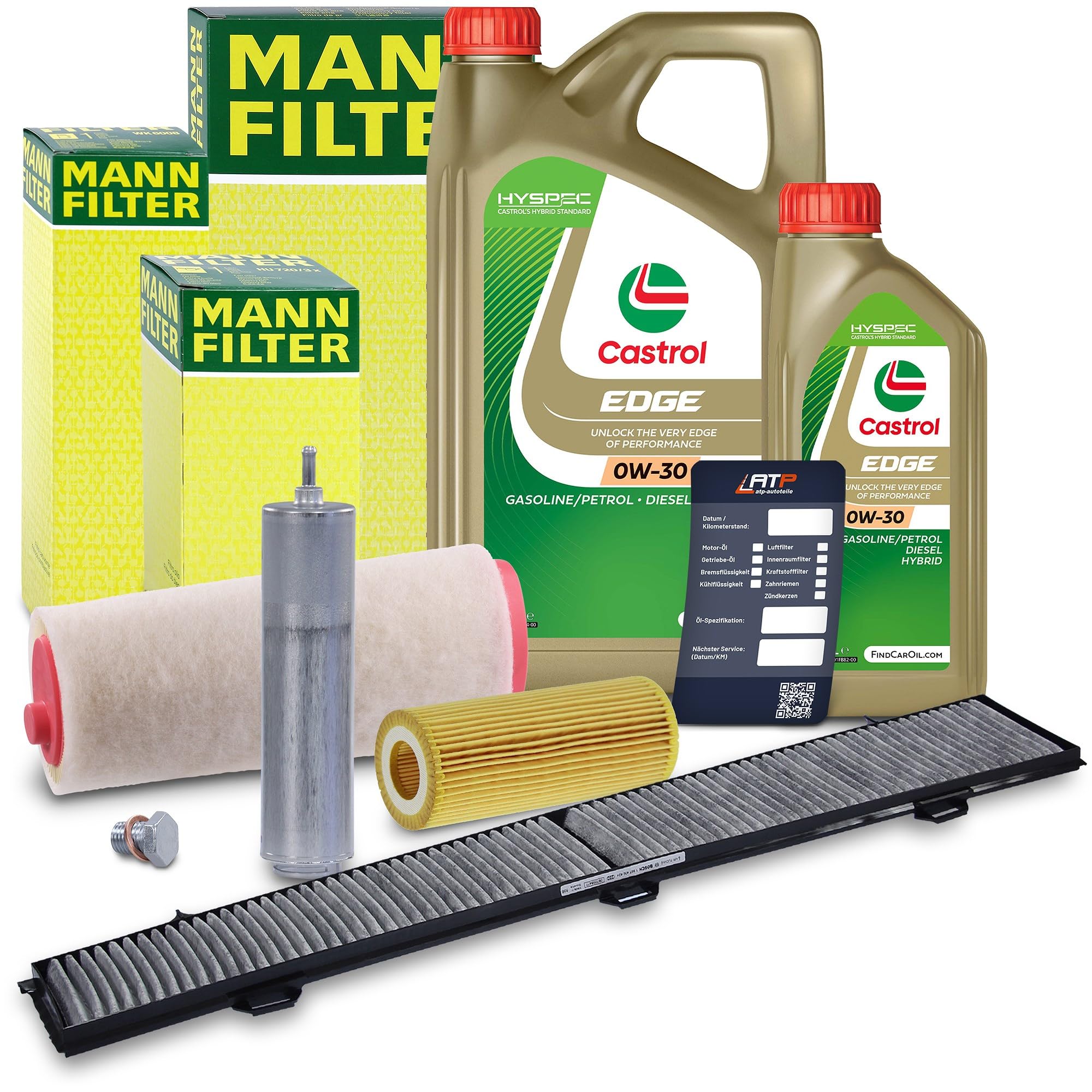 MANN-FILTER Inspektionspaket Filterset 1x Ölfilter, 1x Kraftstofffilter, 1x Luftfilter, 1x Innenraumfilter, 1x Motoröl 5W-30 EDGE FLUID TITANIUM 6l Kompatibel mit BMW 3er (E90)(E91)