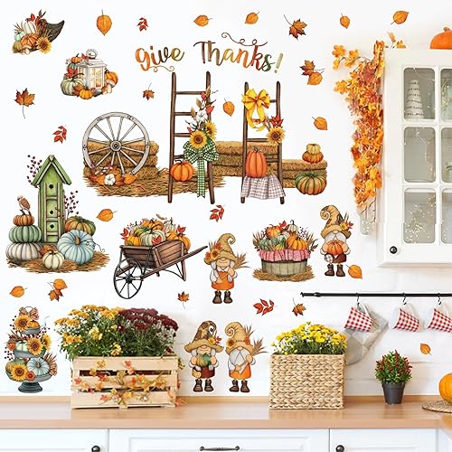 Calcomanías de pared de otoño, diseño de hongos, ardillas, arte de pared, hojas de arce y calabaza, calcomanía de pared de Acción de Gracias para