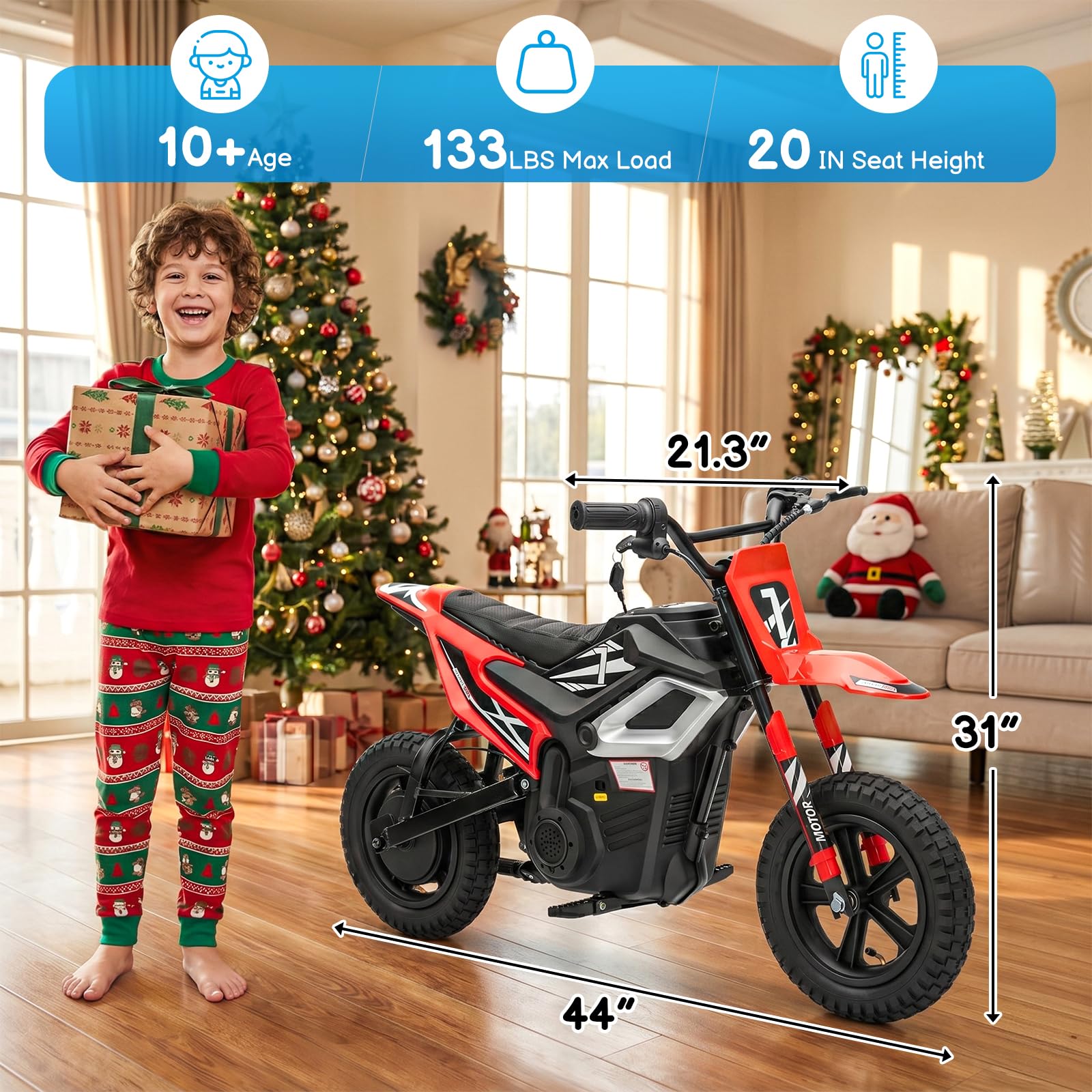 LALAHO Vélo tout-terrain électrique 24 V pour enfants, rouge | Moto électrique avec moteur 250 W, jusqu'à 14 km/h, moteur à chaîne, Bluetooth, accélérateur Thwist-Grip et frein arrière
