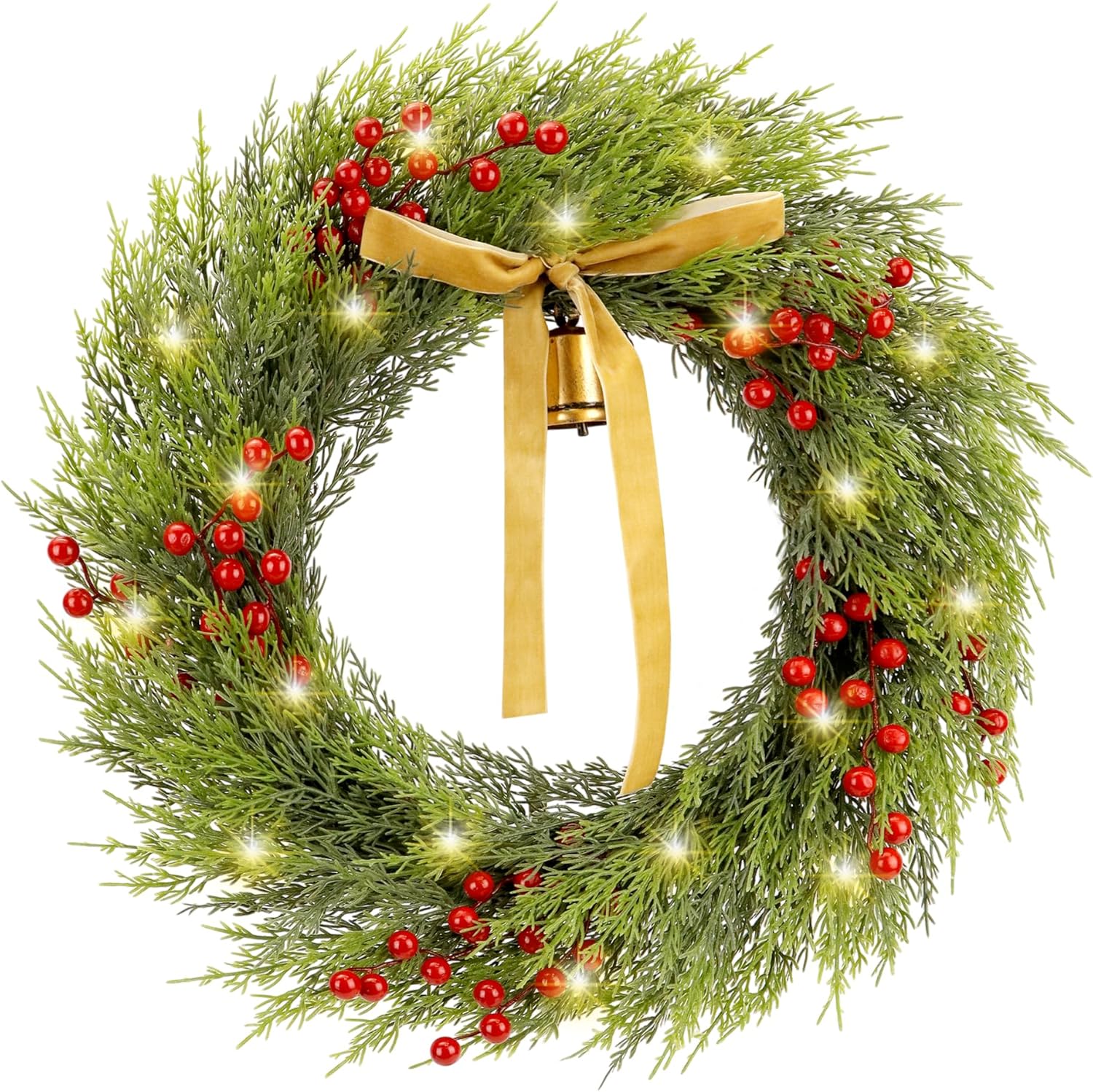 22 inch Green Christmas Wreath with Lights,Faux Cedar Christmas Wreaths Front Door Decorations with Ribbon,Bells,Red Berry,Perfect for Door Window Outdoor Home Decoration