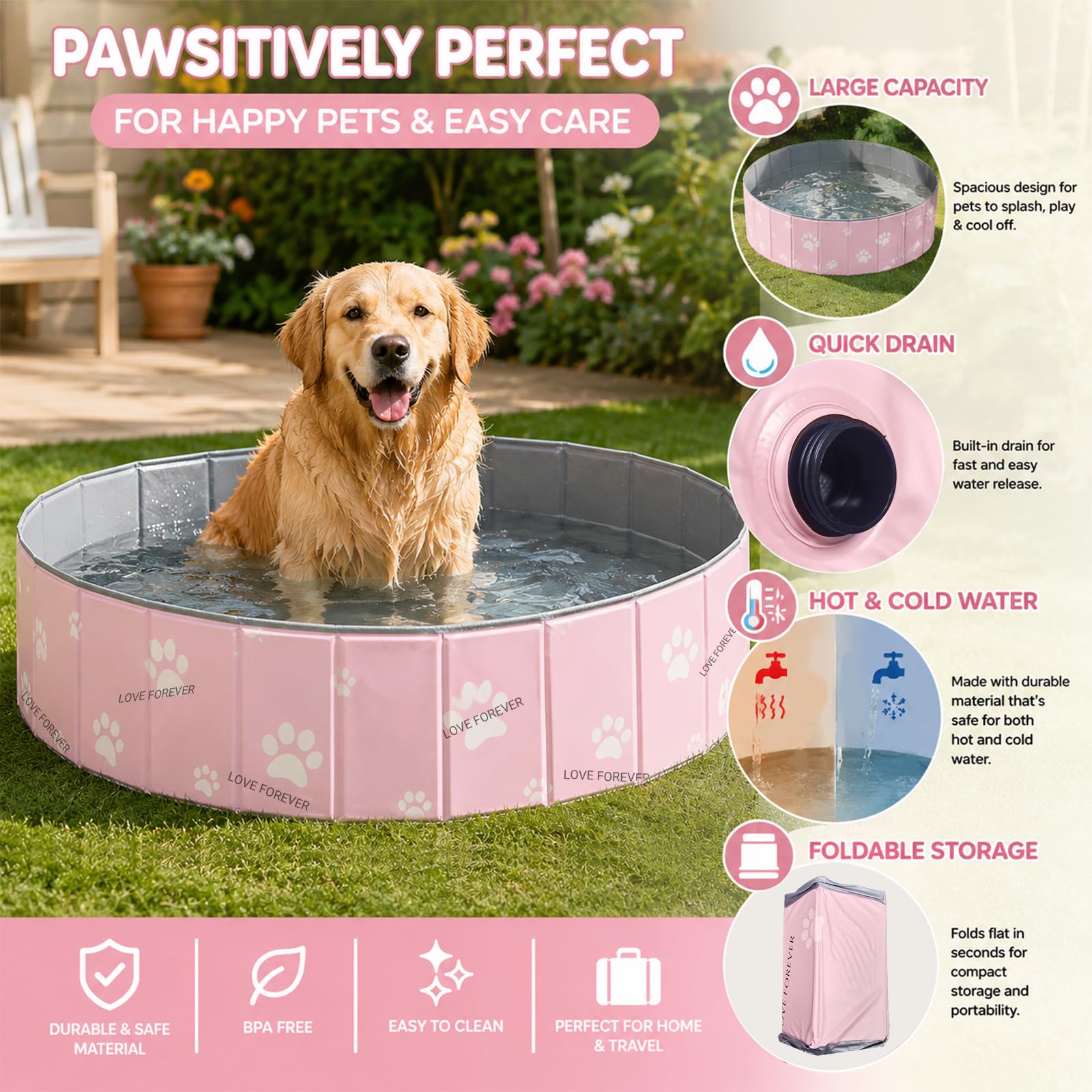 ZoneYan Piscina Pieghevole per Cani 80 * 30 cm, Vasca da Bagno per Cani Antiscivolo in PVC, Piscina per Cani con Doppio Scarico, Doccia Pieghevole per Animali per Cani Piccoli e Medi (Rosa)
