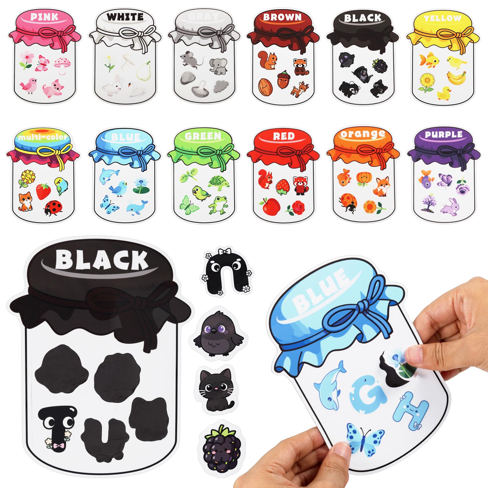 12 PCS Magnetic Colour Sorting Toys, Cute Animal Jar Fridge Magnets for Kids, Toddler Refrigerator Activity with 60 Vibrant Colors Shape, Preschool Whiteboard Educational Matching Game