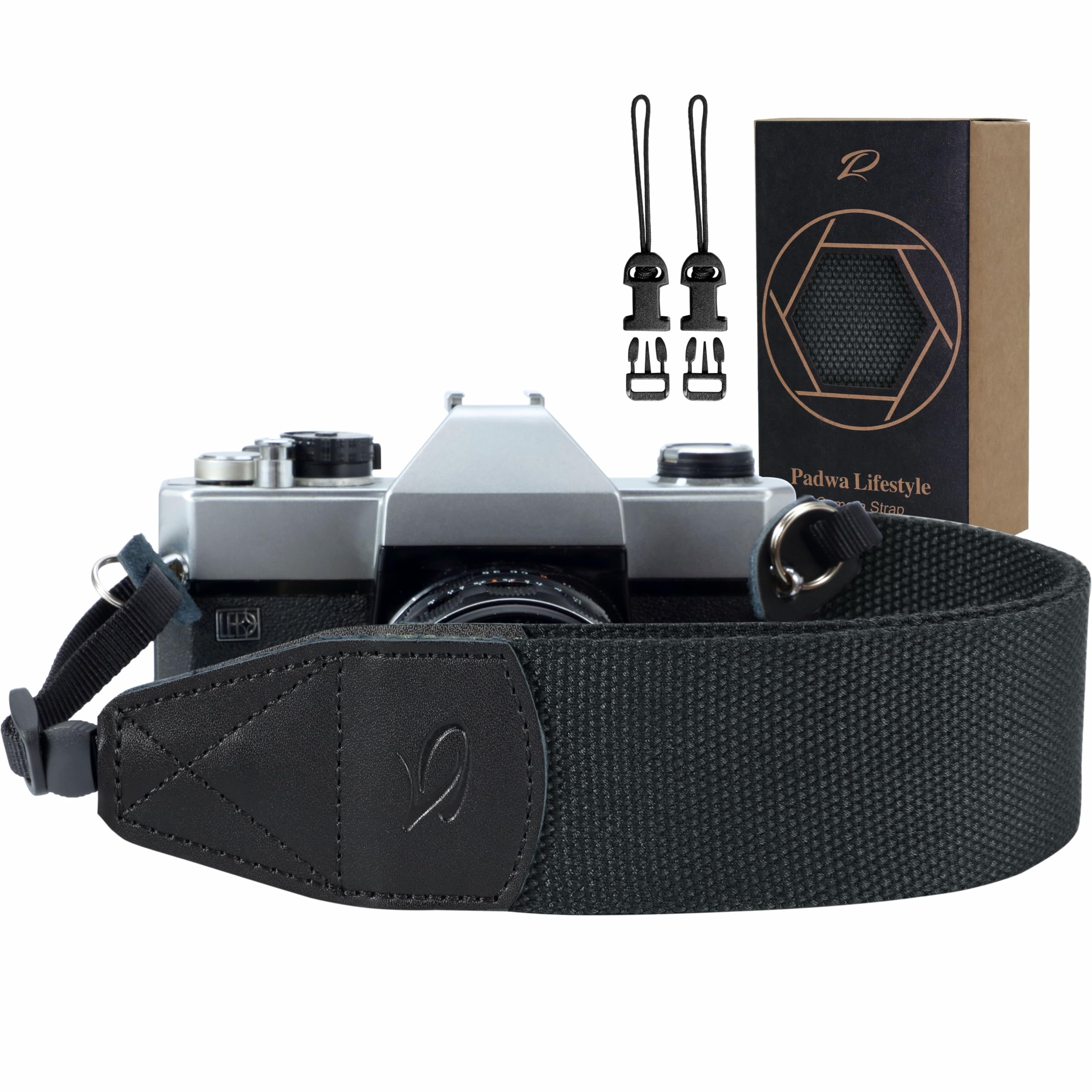 Padwa Lifestyle Black Camera Strap - 2 inch Wide Cowhide Head Shoulder Neck Camera & Binocular Straps, Vintage Solid Colour Woven Camera Straps for Photographers