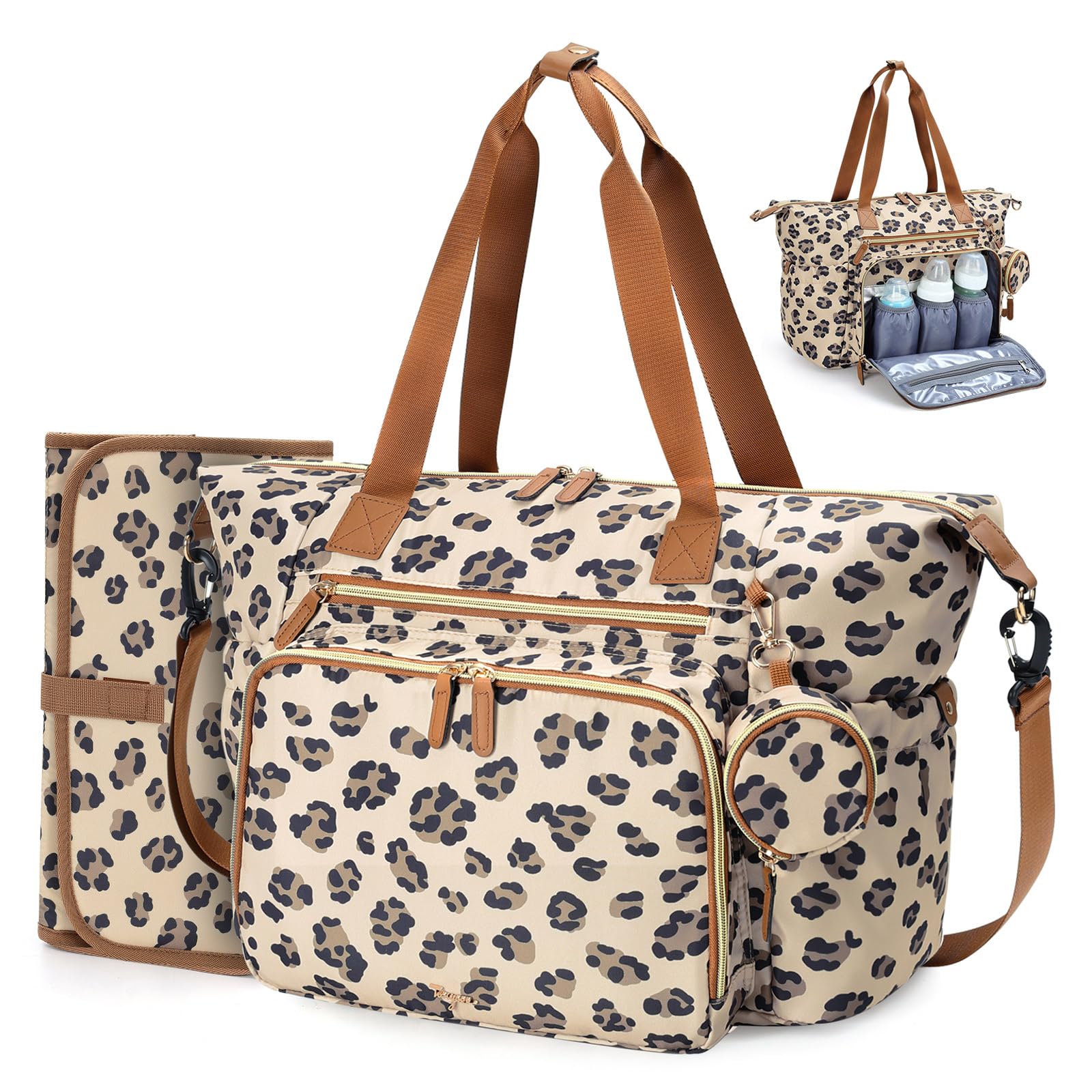 Borsa fasciatoio con borsa per ciuccio e fasciatoio, zaino multifunzione per pannolini da viaggio per mamma e papà, con leopardo isolato