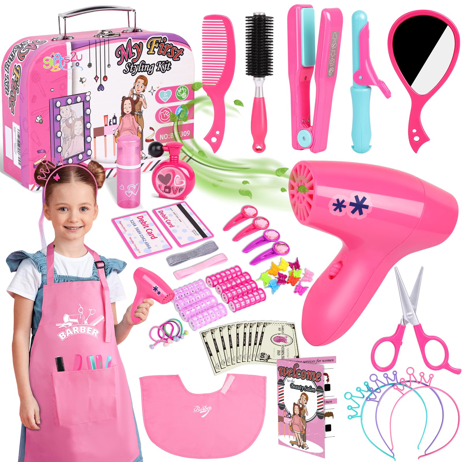 Gifts2U Hairdressing Set for Kids, Hairdressing Toy Set with Hair Dryer, Barber Costume Apron, Stylist Accessories for Girls Age 3-8 (classic)