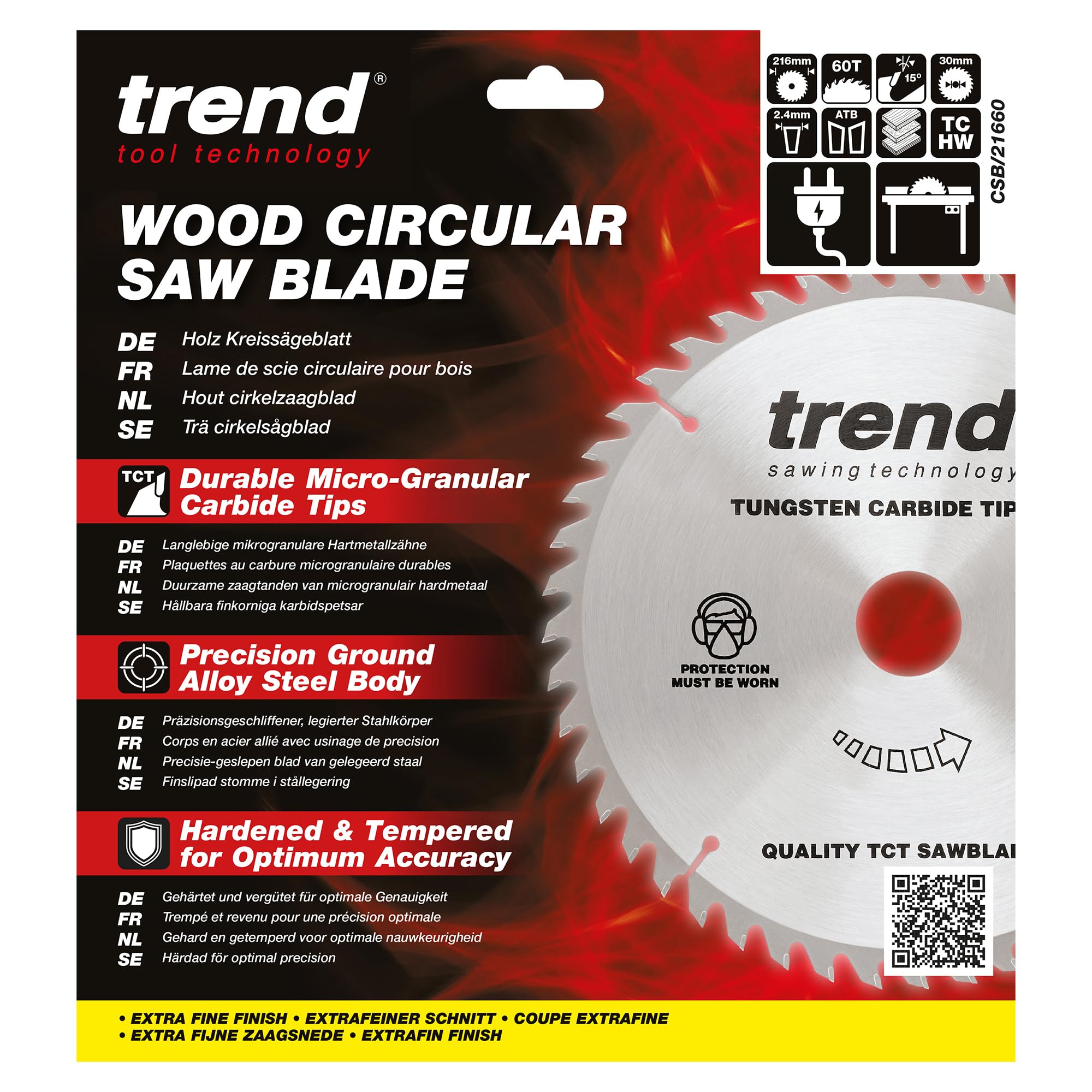 Trend Lame de scie circulaire Wood, diamètre 216 mm, alésage 30 mm, 60 dents, trait de scie 2,4 mm, crochet +15°, TCT, finition extra fine, CSB/21660