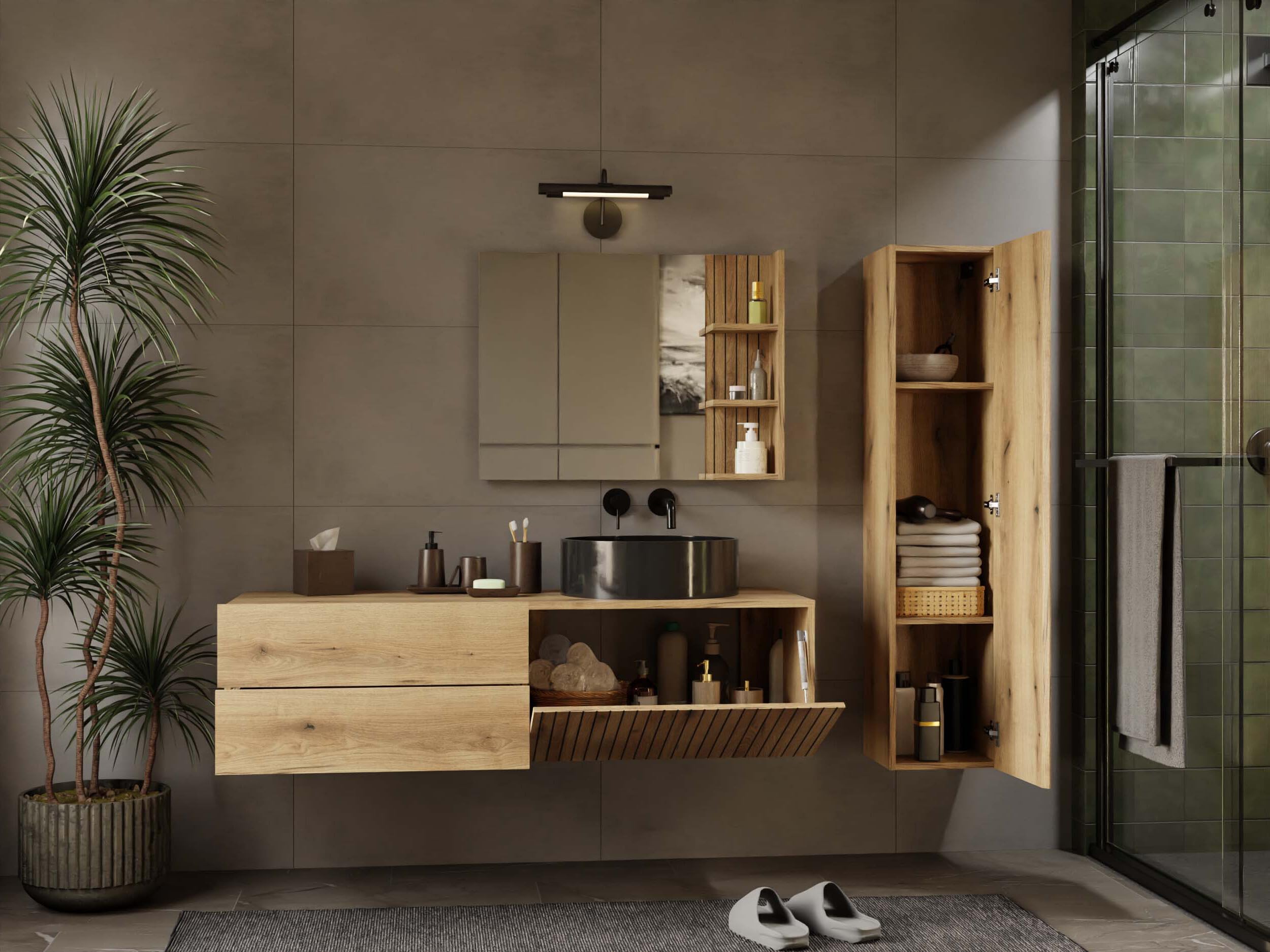 ARREDO DA CASA Mobile Bagno Sospeso 140 cm, Mobile Lavabo per Bagno Moderno, Anta a Ribalta Cannettata, 2 Cassetti Soft Close, per Lavabo d’Appoggio, Rovere Antico MLBT3