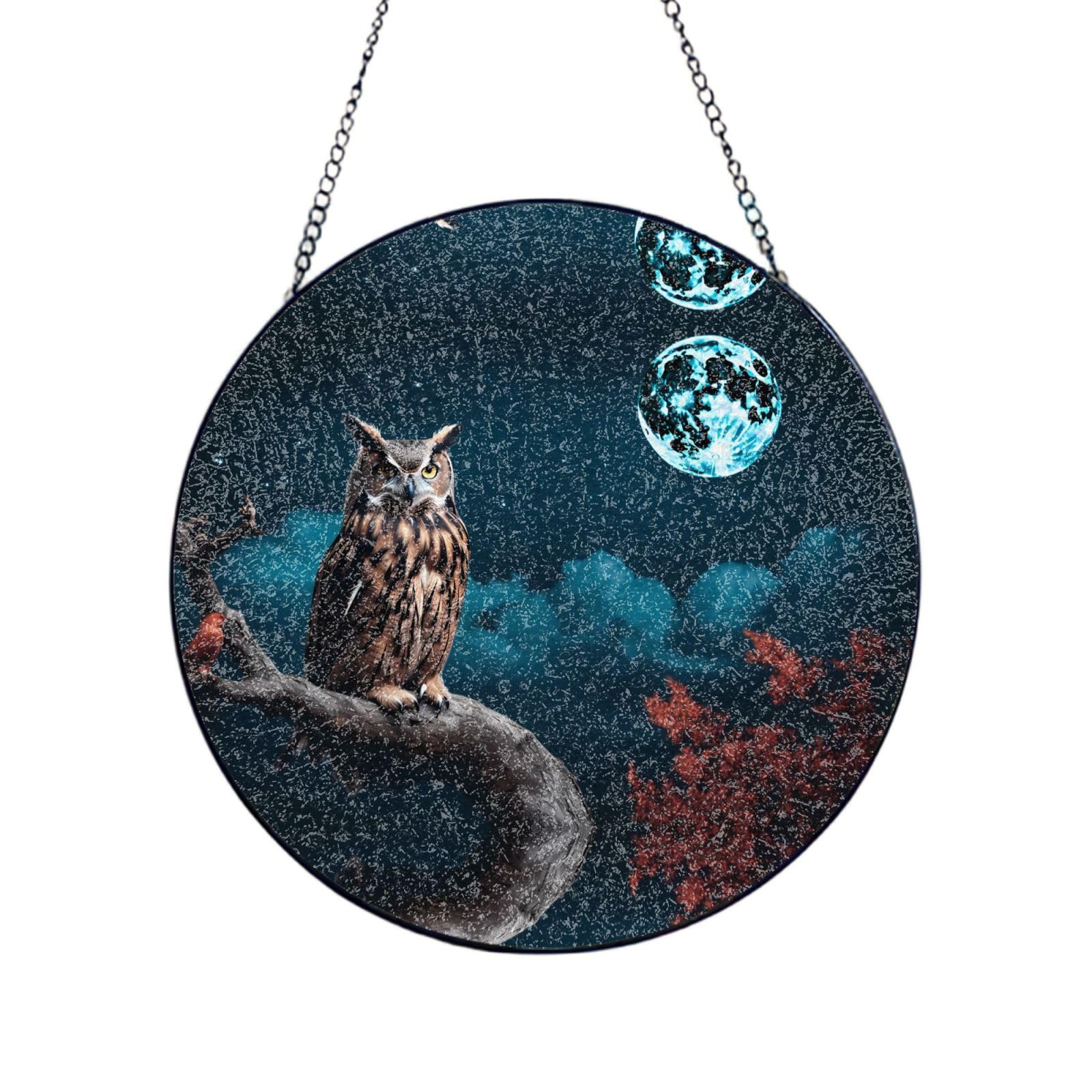 Phayah Dark Owl Print Glass Window Hanging Sun Catchers Suncatcher Decor For Birthday For Home Garden Porch 4in（10cm）