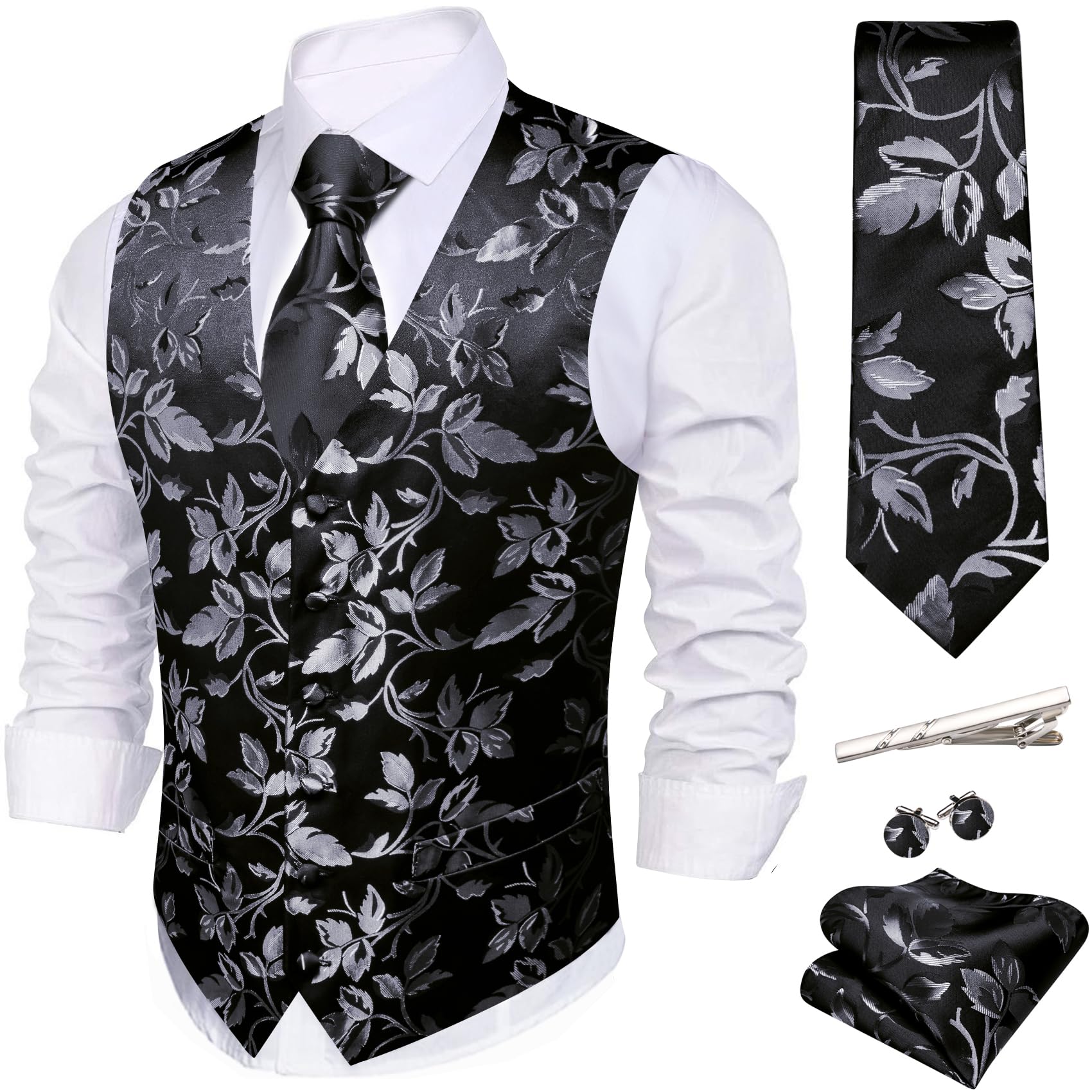 Barry.Wang Mens Suit Vest Floral Silk Waistcoat Ties Formal/Leisure 5PCS