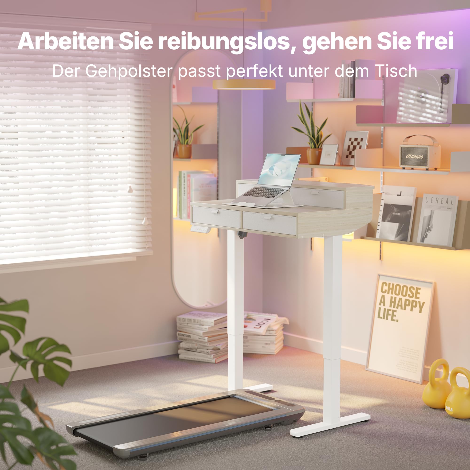 HUANUO 80 x 53 cm Höhenverstellbarer Schreibtisch mit Schubladen | kompatible C-Klemme-Halterung, 4 Gedächtnis-Höheneintellungen