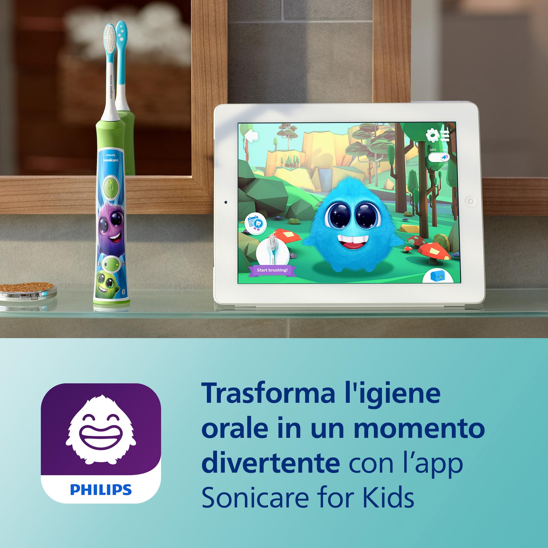 Philips Sonicare For Kids - Spazzolino elettrico sonico con app, studiato per bambini dai 3 anni in su, con SmarTimer e QuadPacer per una pulizia profonda, verde, modello HX6352/11